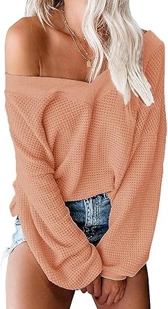 Tobrief Womens V Neck Long Sleeve Waffle Knit Tops Off Shoulder Oversized Pullover Sweater