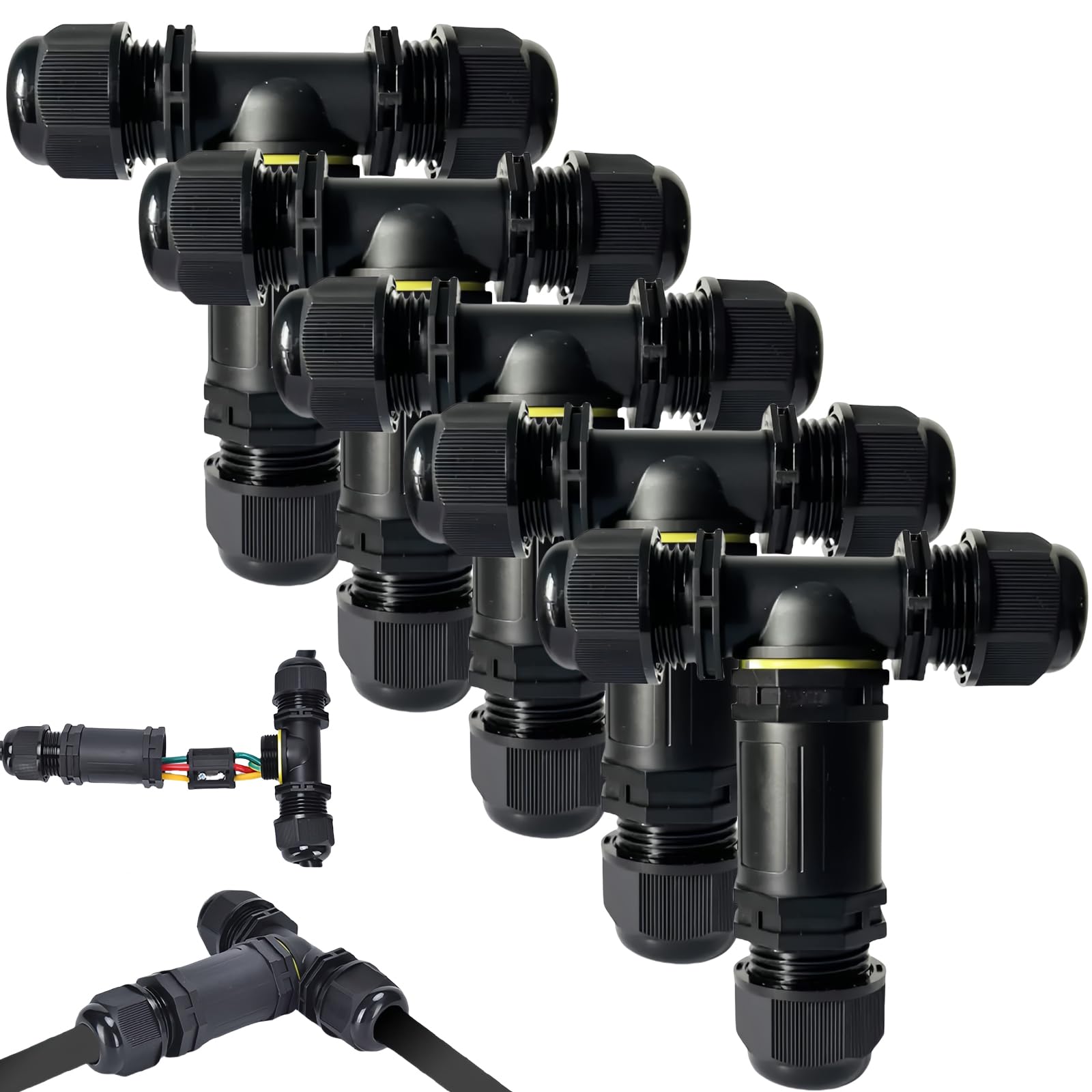 5 conectores de cable resistentes al agua: conector de cable IP68 en forma de T, manguito de 3 pines de 12 mm, caja de derivación