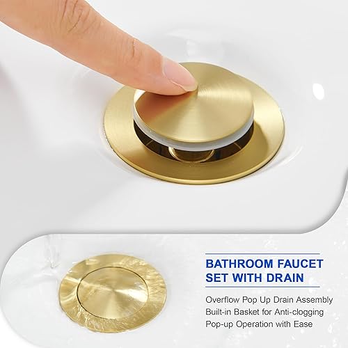 Miniatura 5 de J-HVA Grifo de baño de cascada de oro cepillado con drenaje emergente, 2 manijas de 4 pulgadas, grifo central para lavabo de baño