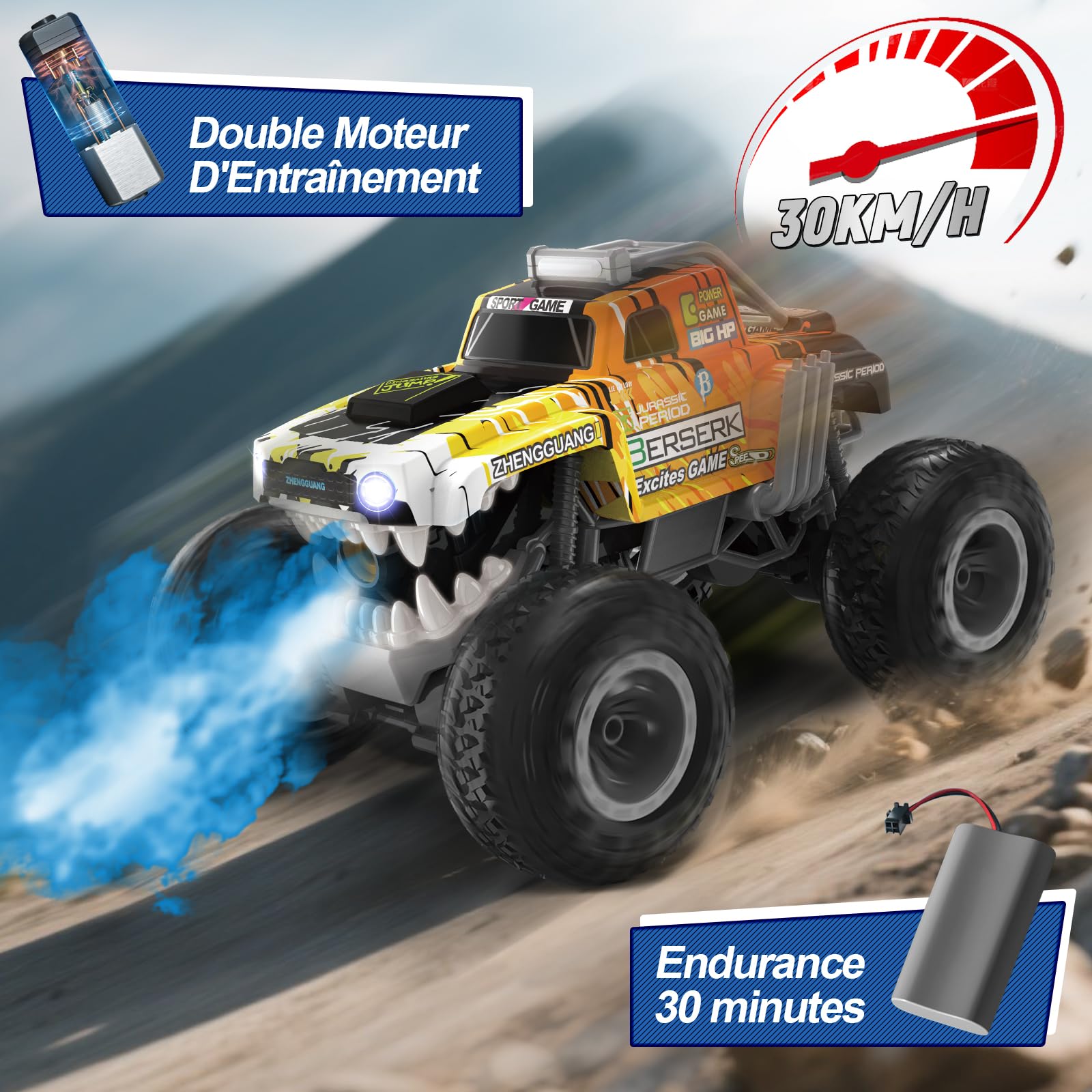 Charmofun Monster Truck Telecommande 1:12, 360° Rotation Dinosaure Voiture Télécommandée Tout Terrain, 2,4GHz RC Monster Truck avec Brume de Pulvérisation, Musique et Lumières LED pour Enfants