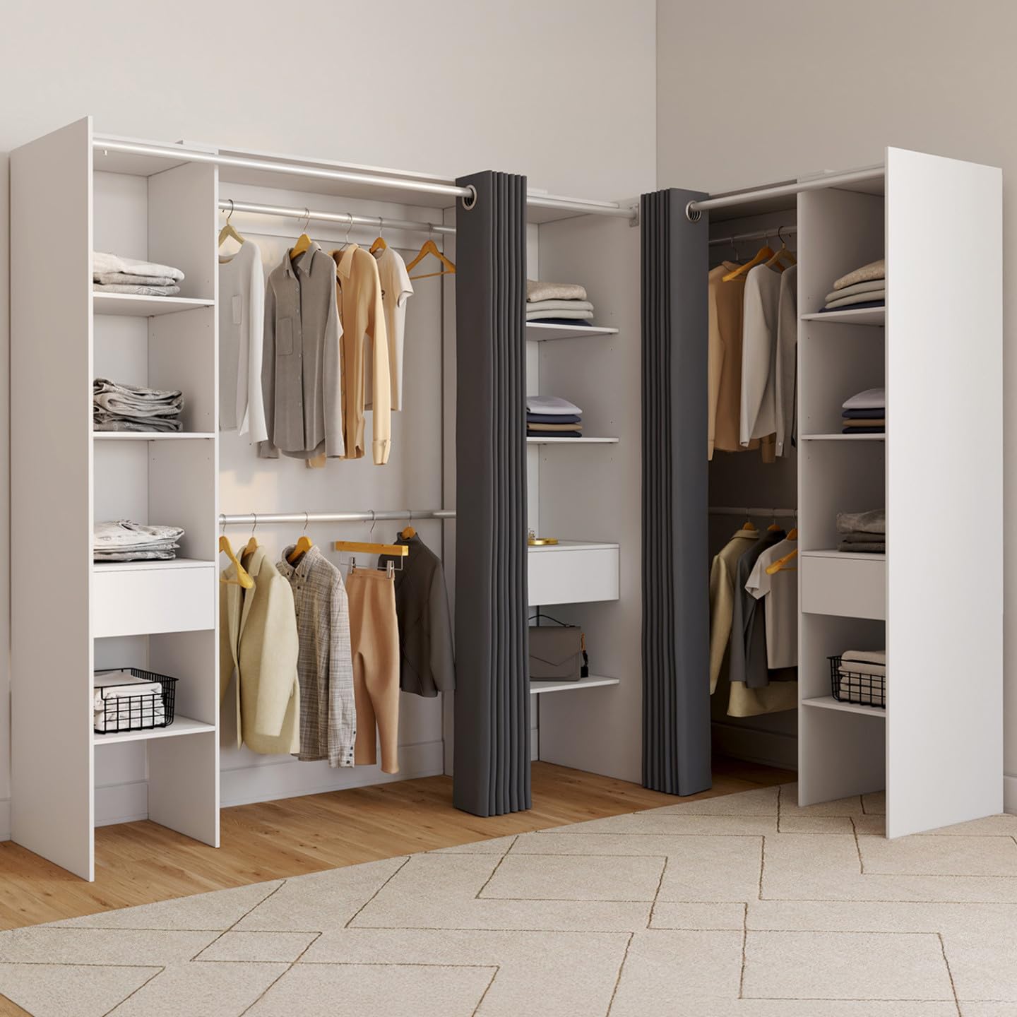 IDMarket - Dressing extensible d'angle MARLON 230 x 140 x 180 cm blanc avec penderies + étagères + rideaux gris