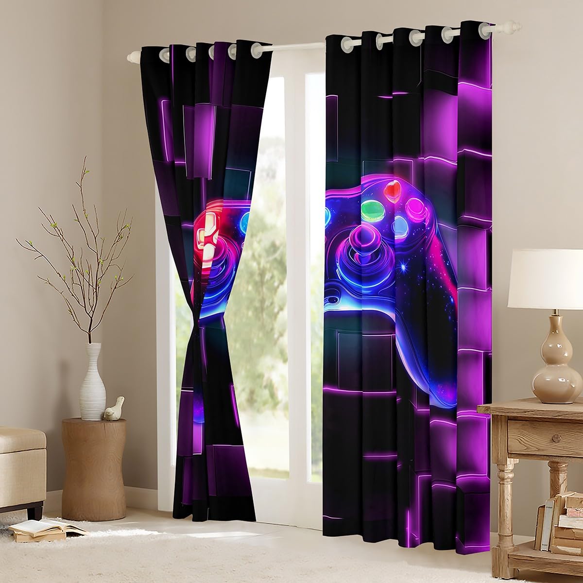 Homewish Rideau Gamer Violet, Rideaux Voilage Enfant Gaming Deco Chambre Ado Garcon, Rideau Occultant 30%-50% Jeux Vidéo, Voilage Fenetre Carrée Géométrique Lumineuse Au Néon, 117x183 cm Lot de 2