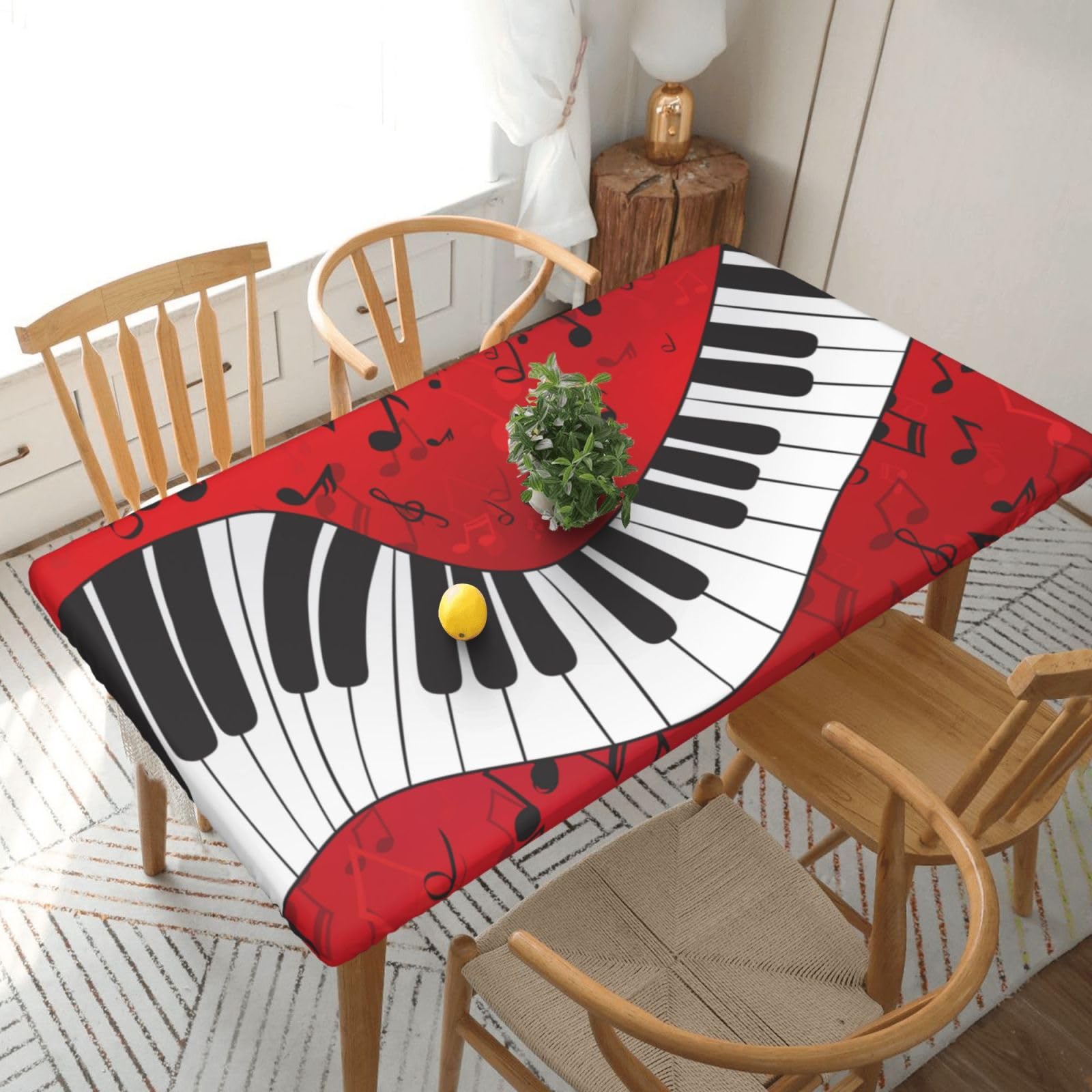 DCEHGEW Elastic Fitted Rectangle Tablecloth for 5ft Tables, Music Note Piano Printed Oilproof & Washable Fabric Picnic Table Cloth Table Covers