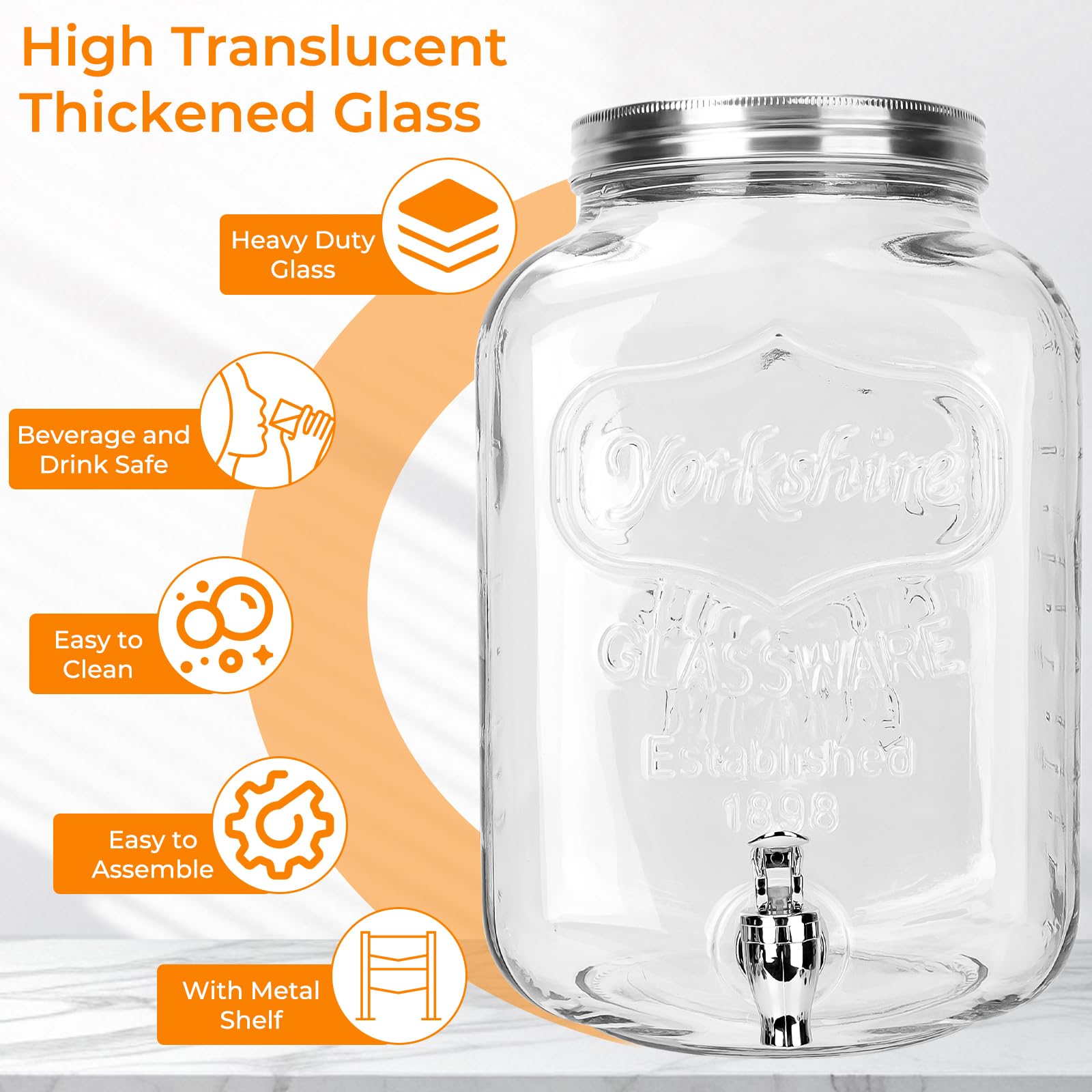 Dispensadores de bebidas de vidrio de 2 galones, 1 paquete de dispensador de bebidas transparente con soporte y espiga para fiestas, dispensador de bebidas con núcleo de hielo y calcomanía
