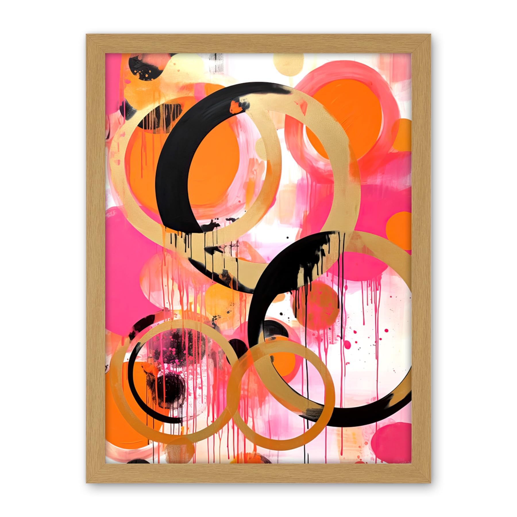 Artery8 Abstract Circles Oil Painting Bright Pink Orange Gold Black Geometric Drip Paint Artwork Framed Wall Art Print 18X24 Inch