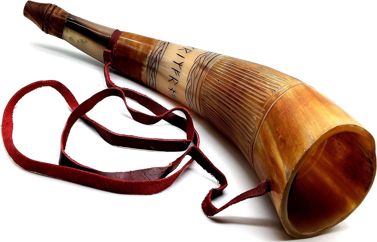 Wikinger-Kriegshorn – 40,6 cm echte Ochsenhorn-Kampftrompete – Premium handgraviertes Blashorn, Wikingerhorn, nordisches Rind, antikes Horn, Bugle, Jagdwerkzeug, Kampfhorn