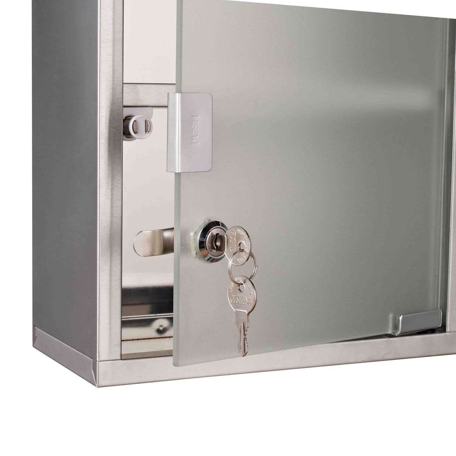 Medical Cabinet First Aid Locking Door and 2 Shelves for Medicine & Bandages, Made of Stainless Steel & frosted Glass. Wall Mount Storage Container 12 x 5 x 5 inch.