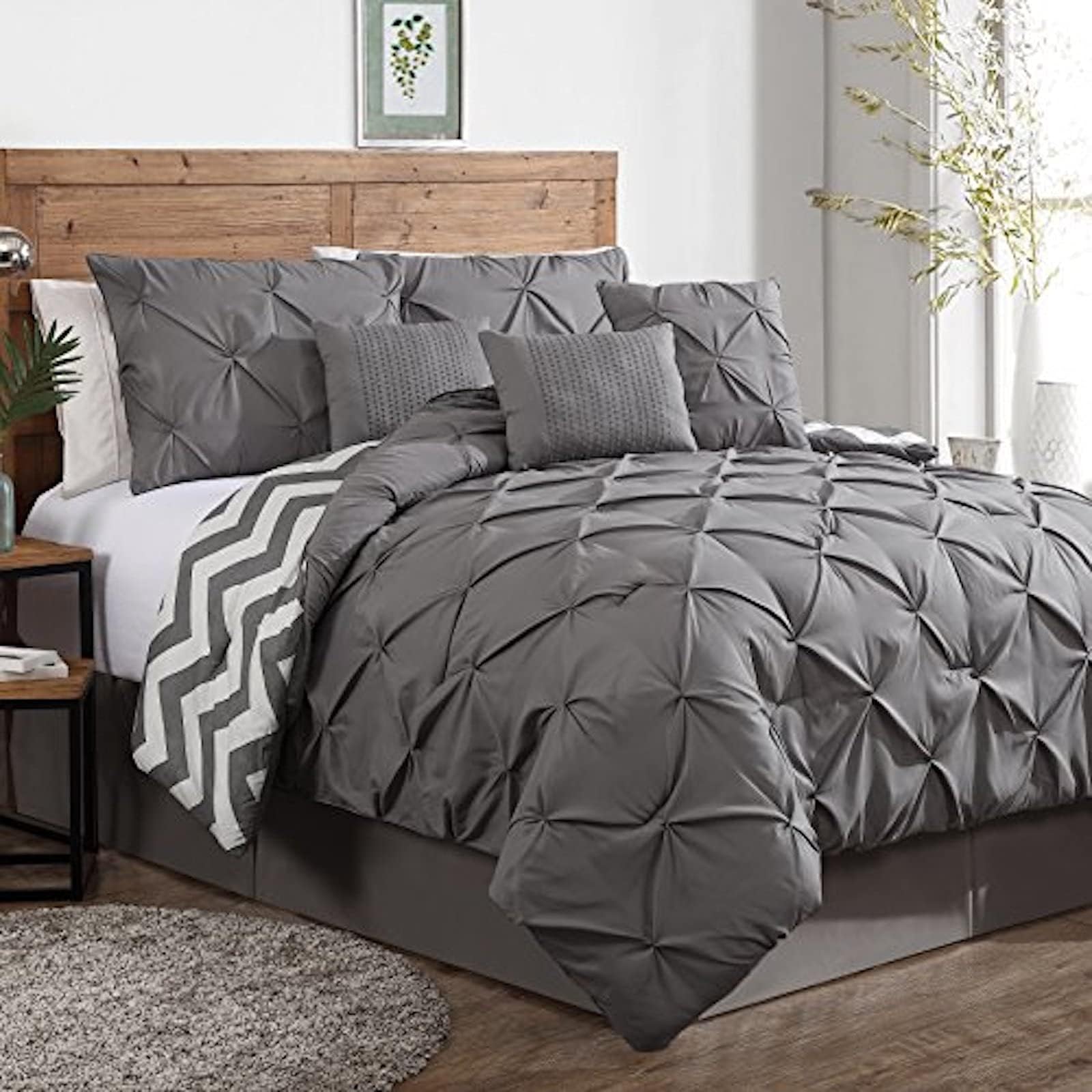 Avondale Manor 7-Piece Ella Comforter Bed Set - Reversible Ultra-Soft Pinch Pleat Grey Bedding Comforter Set with 3 Decorative Pillows for Queen Bed, Hypoallergenic, 7 Pieces, Queen Grey