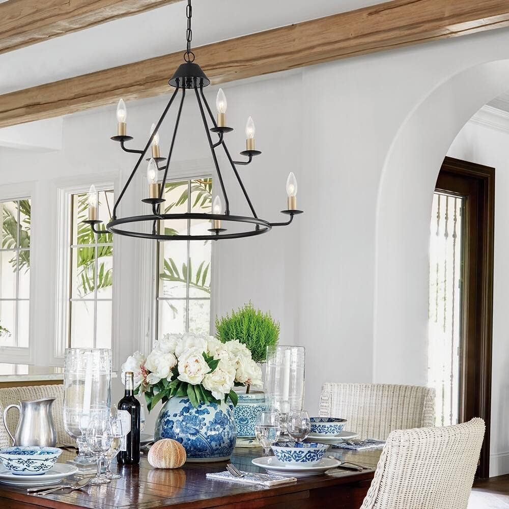 Vanity Art Modern 8 Lights Wagon Wheel Chandelier Farmhouse Candle Ceiling Light Fixture for Living Room 10536BK-BD