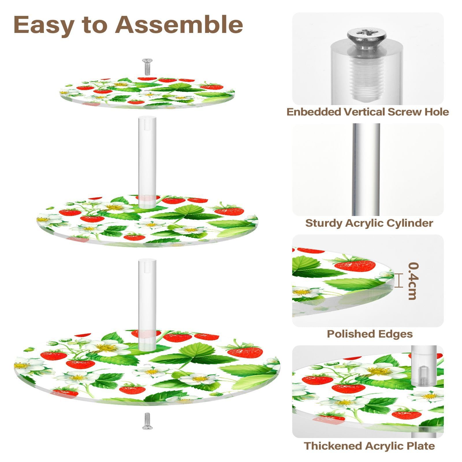 Nander 3 Tier Cupcake Stand,Watercolor Strawberries Large Cupcake Tower Display, Round Cupcake Holder, Acrylic Dessert Stand, Pastry Display Tree for Party, Wedding, Baby Shower