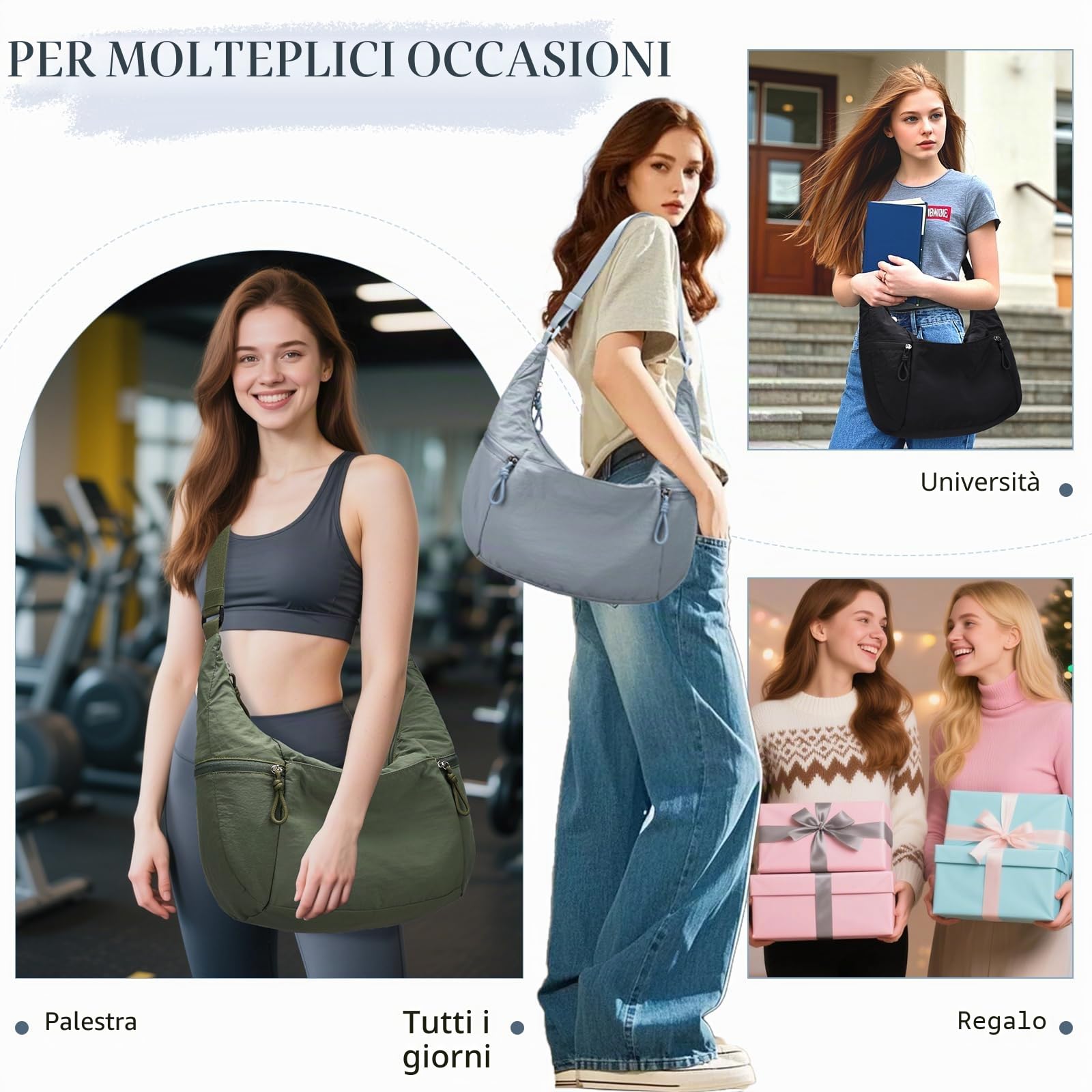 VASCHY Borsa Mezzaluna Donna Tracolla,Moon Bag Leggera in Nylon Marsupio Donna Tracolla Per Shopping/Viaggio/Lavoro/Mare