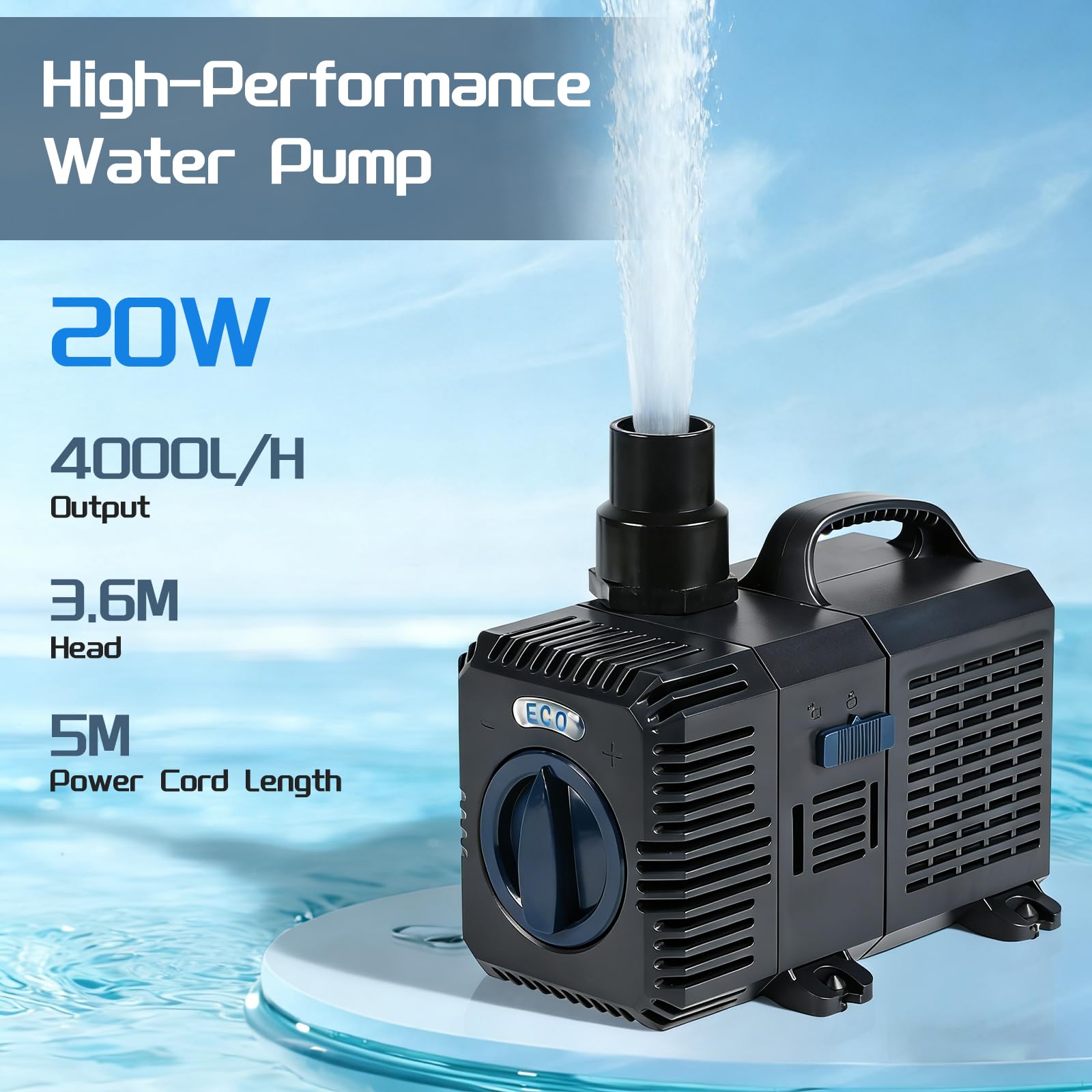 CPROSP Pompa per Laghetto 4000L/H - 20W, Altezza di Sollevamento 3,6 m, Pompa Acquario con Cavo da 5m, Portata Regolabile, per Filtro Laghetto da Giardino, Ruscello, Cascata