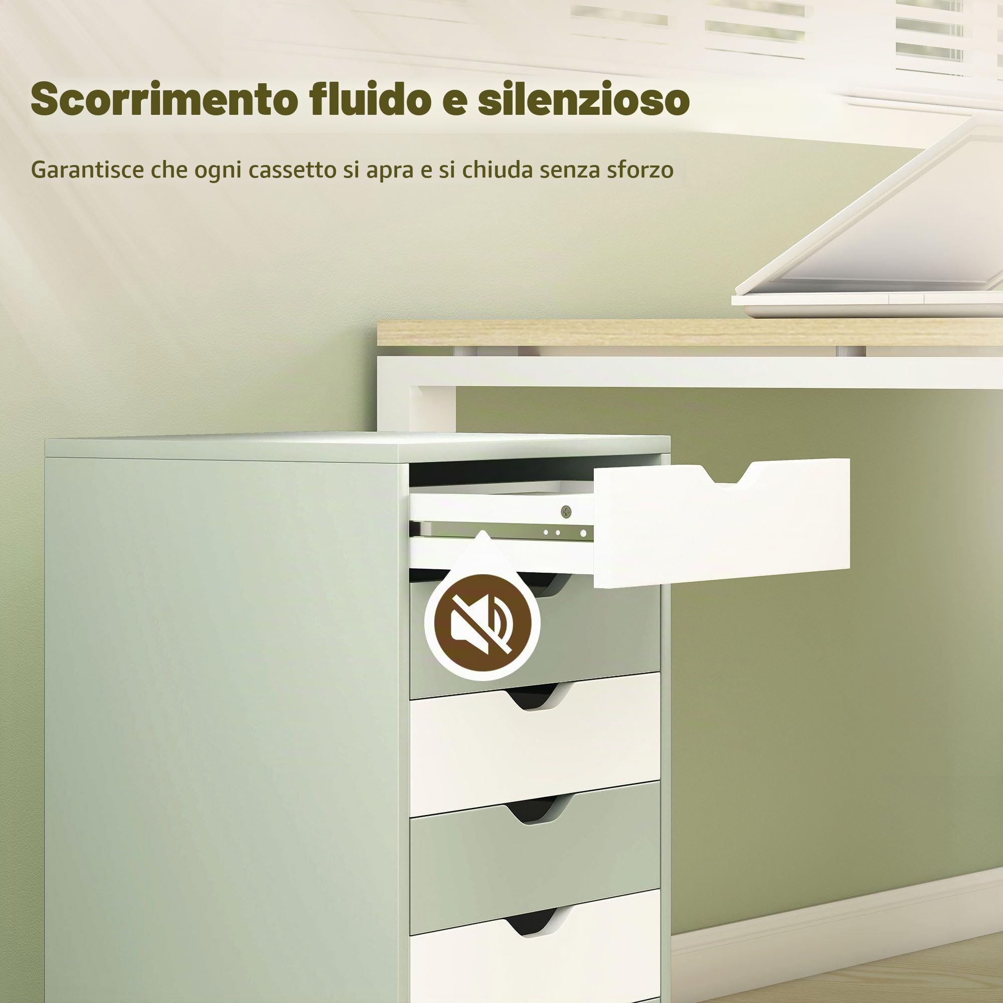 HOMCOM Cassettiera da scrivania, schedario mobile con 6 cassetti, supporto per stampante con rotelle, guide silenziose, per ufficio, casa, verde e bianco