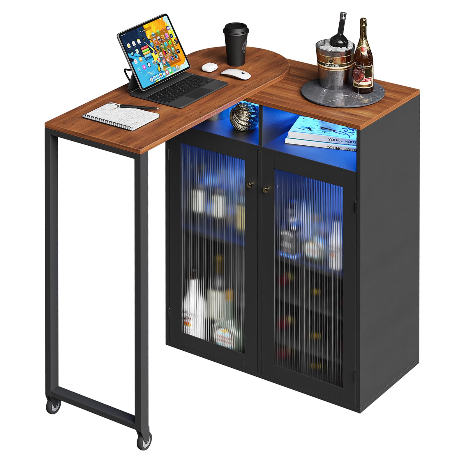 Home Bar Unit with Charging Station & Lights & Storage Mini Corner Bar Table with Wine Rack & Glass Holder 360° Rotating Tall Liquor Table for Living Room Apartment Office, Black