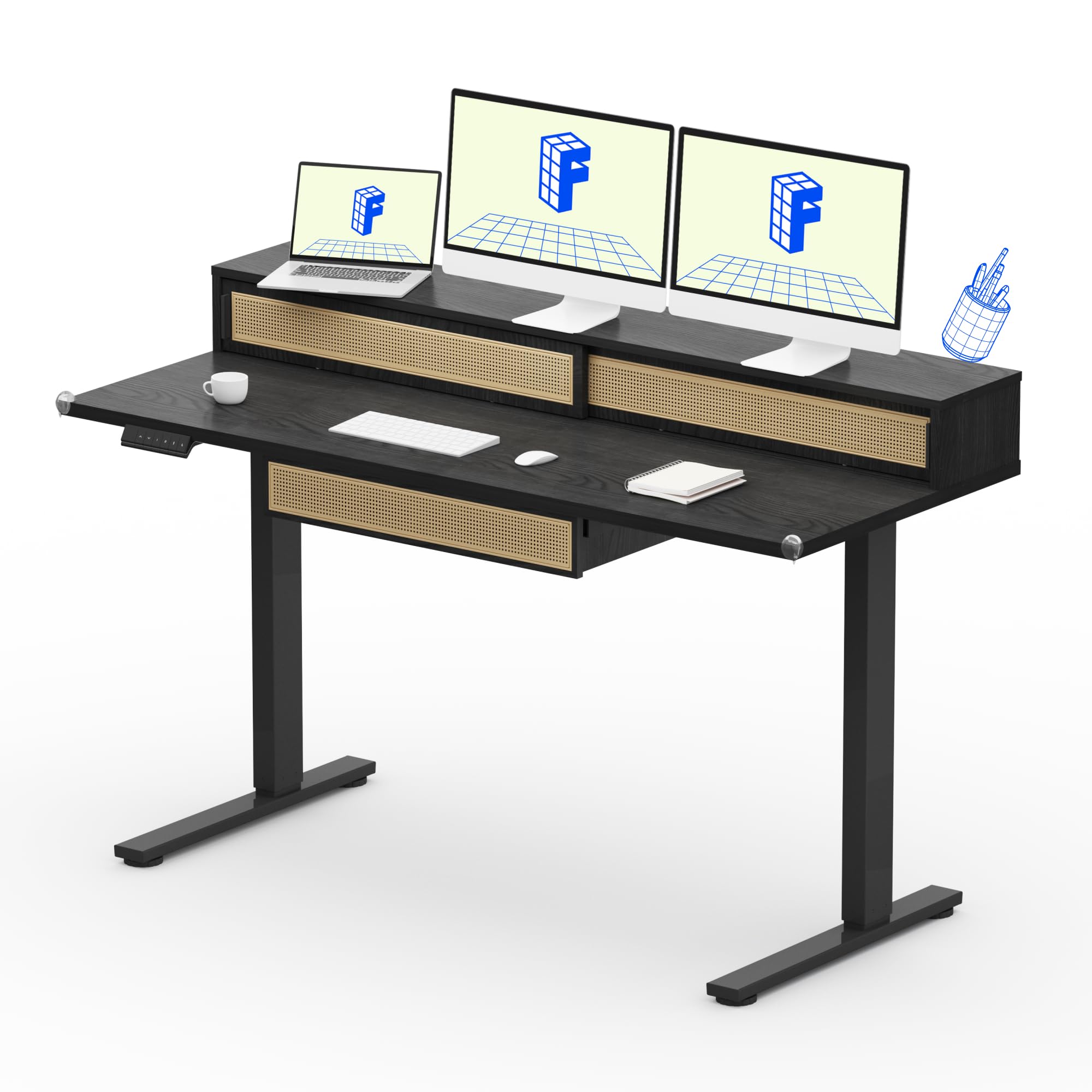 FLEXISPOT Q4 One-Piece Standing Desk with Rattan Drawers, 55 x 24 Inch Adjustable Height, Electric Stand Up Table with Monitor Shelf, Home Office