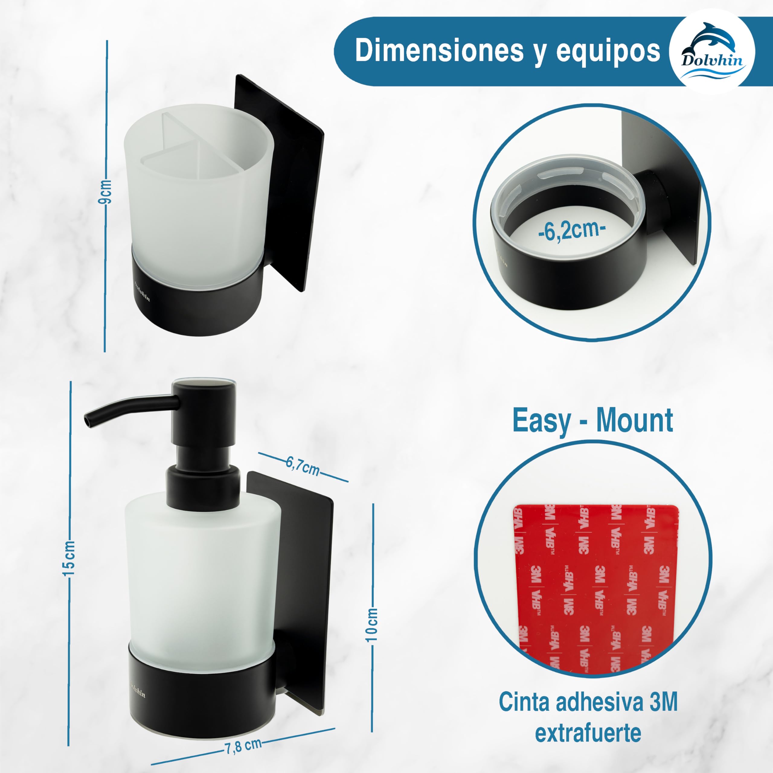 Set Dispensador Jabón & Portacepillos de Dientes | Vidrio Esmerilado y Acero Inoxidable | Soporte Vaso Cepillos sin Taladro | Dosificador de Pared Adhesivo | Juego de Baño | Negro Mate