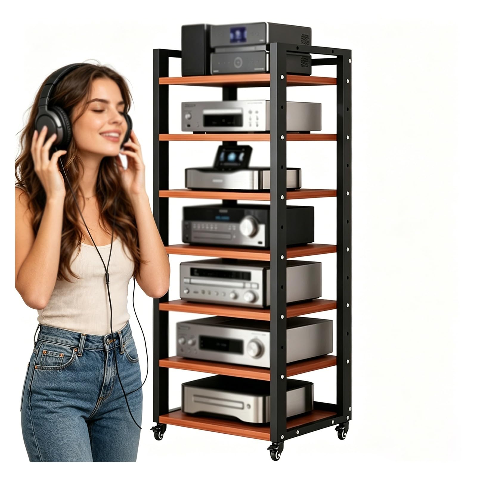Generico Rack Audio Mobile Con Ruote Universali,Supporto TV Angolare | Mobiletto Portaoggetti Stereo Audio A 7 Ripiani,mobile Stereo Hi Fi Rack Hifi Per Soggiorno, Ufficio, Home Theater(Teak)