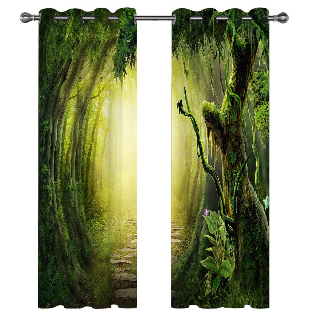 Cortinas Niño Niña Habitacion Opacas Con Ojales 2 Piezas 3D Sendero Del Bosque Verde Patrón 264X214Cm（An X Al）Cortinas Termicas Aislantes Frio Y Calor Salón Dormitorio Ventana Decoración Hogar