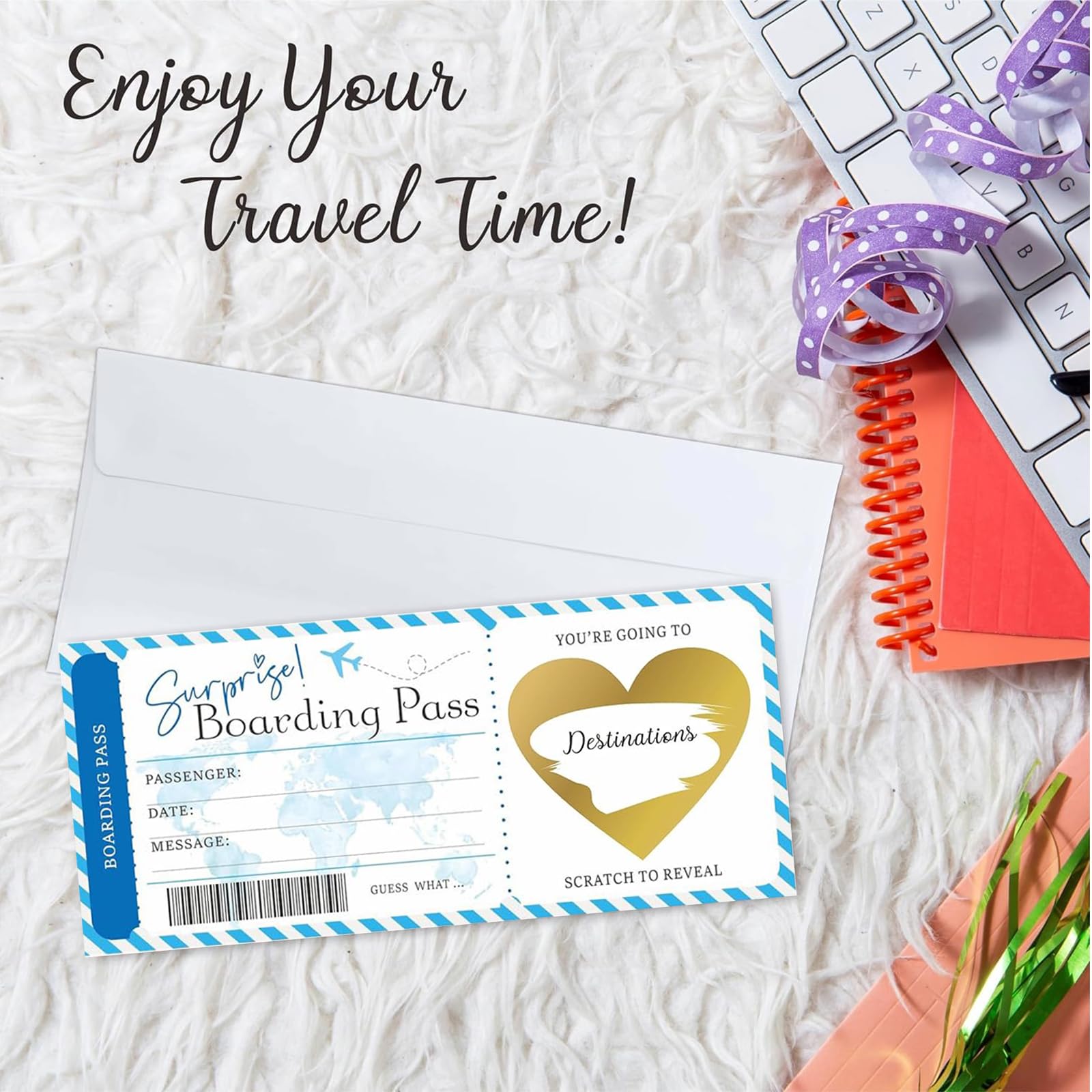 2x Personalisierte Reise-Rubbelkarten Als Geschenk - Flugticket-Design Mit Herz-Aufklebern, In Blau