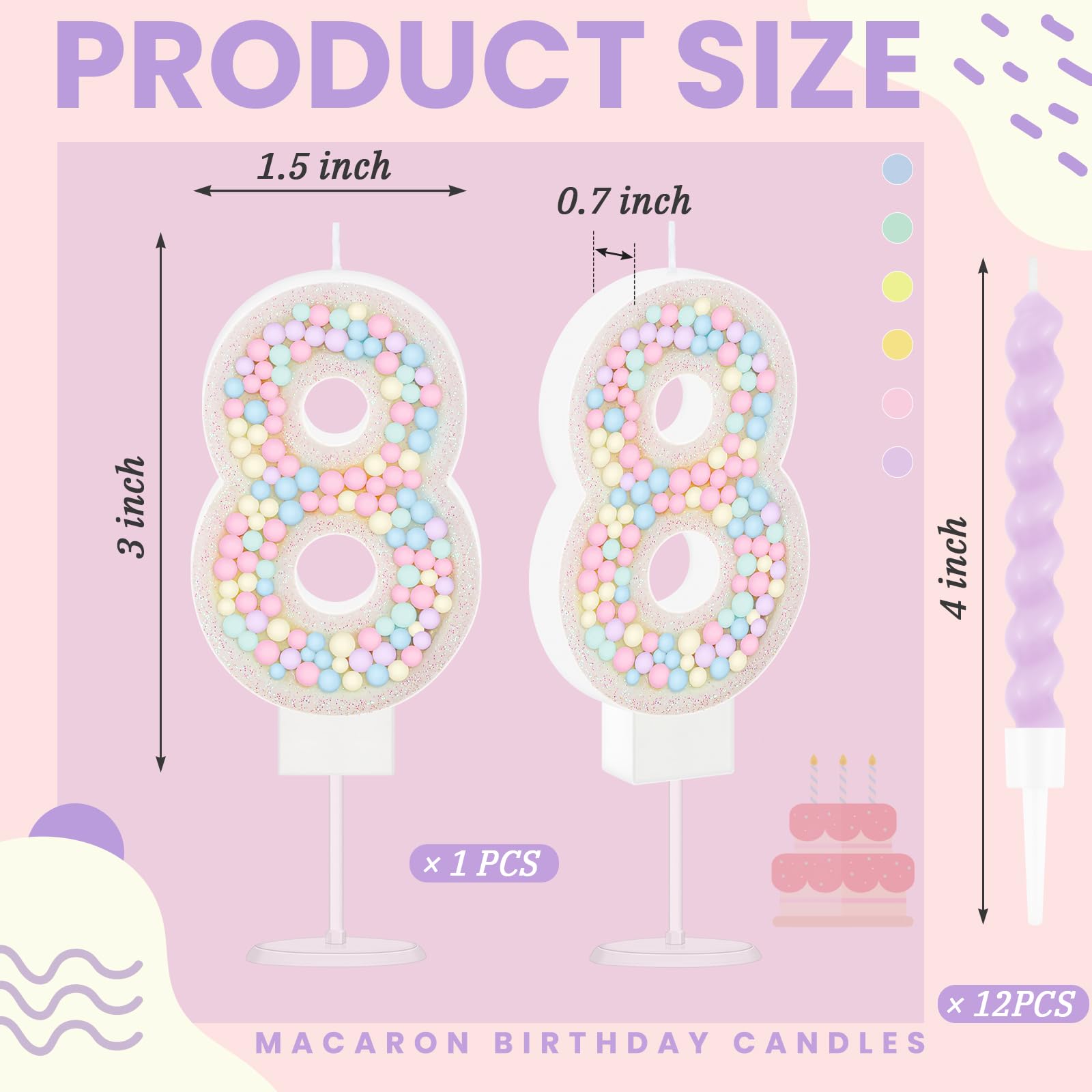 MTLEE Vela de cumpleaños con purpurina de macarrón con números 3D con 12 velas en espiral arcoíris en soportes para decoración de tartas de niña y niño, boda, aniversario, decoración de fiesta