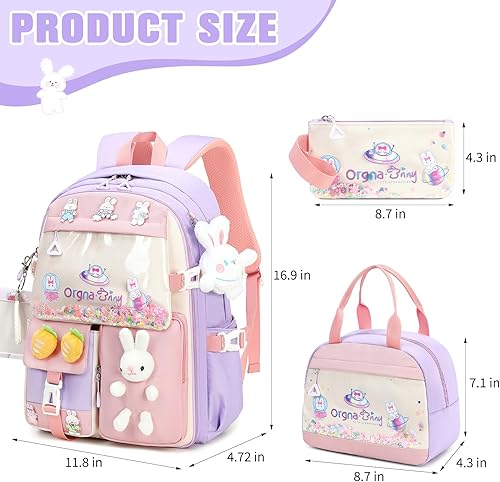 Miniatura 2 de Mochila para niñas, juego de bolsa de libros con lonchera y estuche para lápices, mochilas escolares de conejito kawaii para niña, 3 piezas de