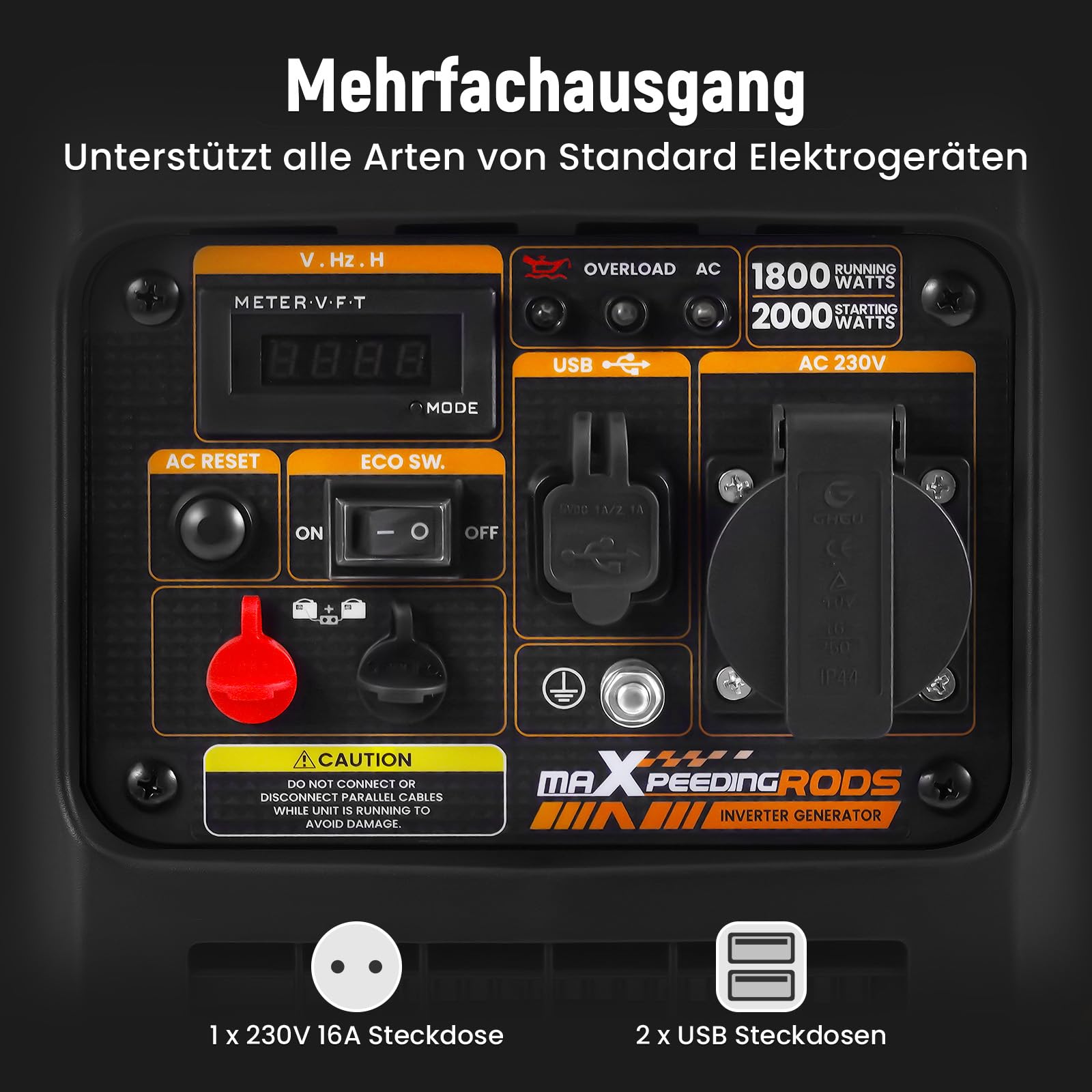 maXpeedingrods Inverter Stromerzeuger 2000W Stromgenerator Benzin 4 Takt mit USB und 230V Steckdosen, Digitalanzeige, kompakt und leicht für Camping, Outdoor Reise, Wohnmobil