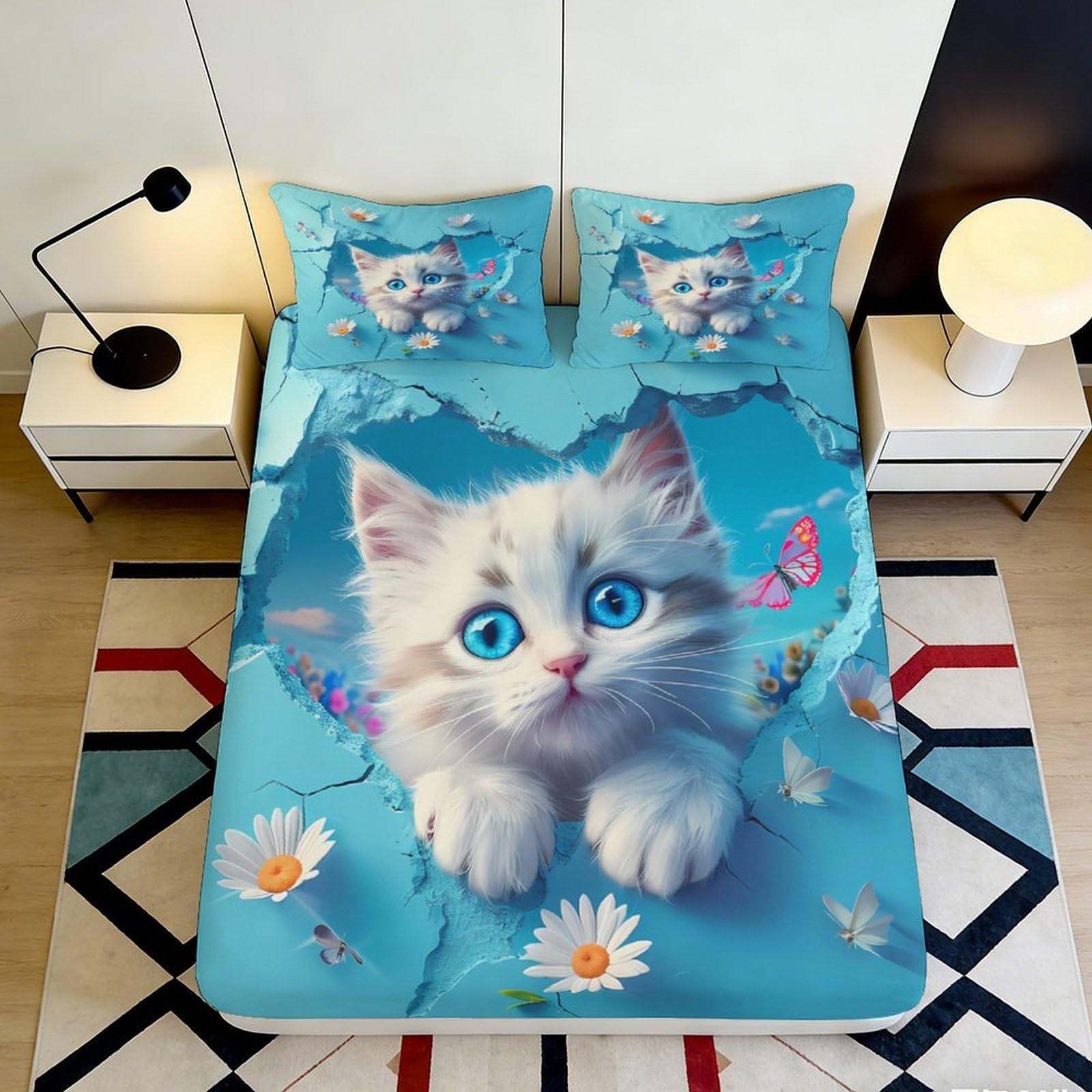3D Printed Cute Cat Fitted Sheet Microfiber Deep Pocket Non-Slip Bedding Set Cat Theme Mattress Fitted Cover for Bedroom 140x200x25cm