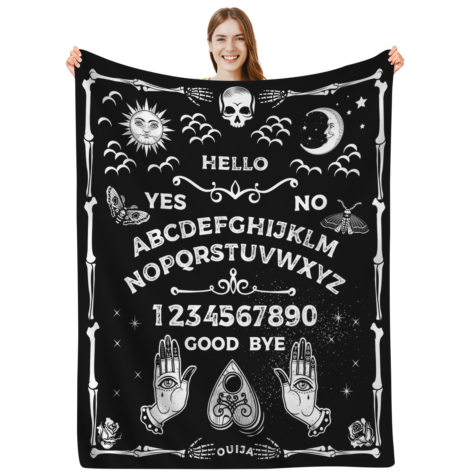 DOINBEE Goth Ouija Board Blanket Funny Horror Ouija Boards Skull Sun Moon Witchy Black Throw Blankets for Adults Kids, Gothic Halloween Bedding Decor Gifts Soft Fluffy Fleece Flannel Blanket 50"x40"