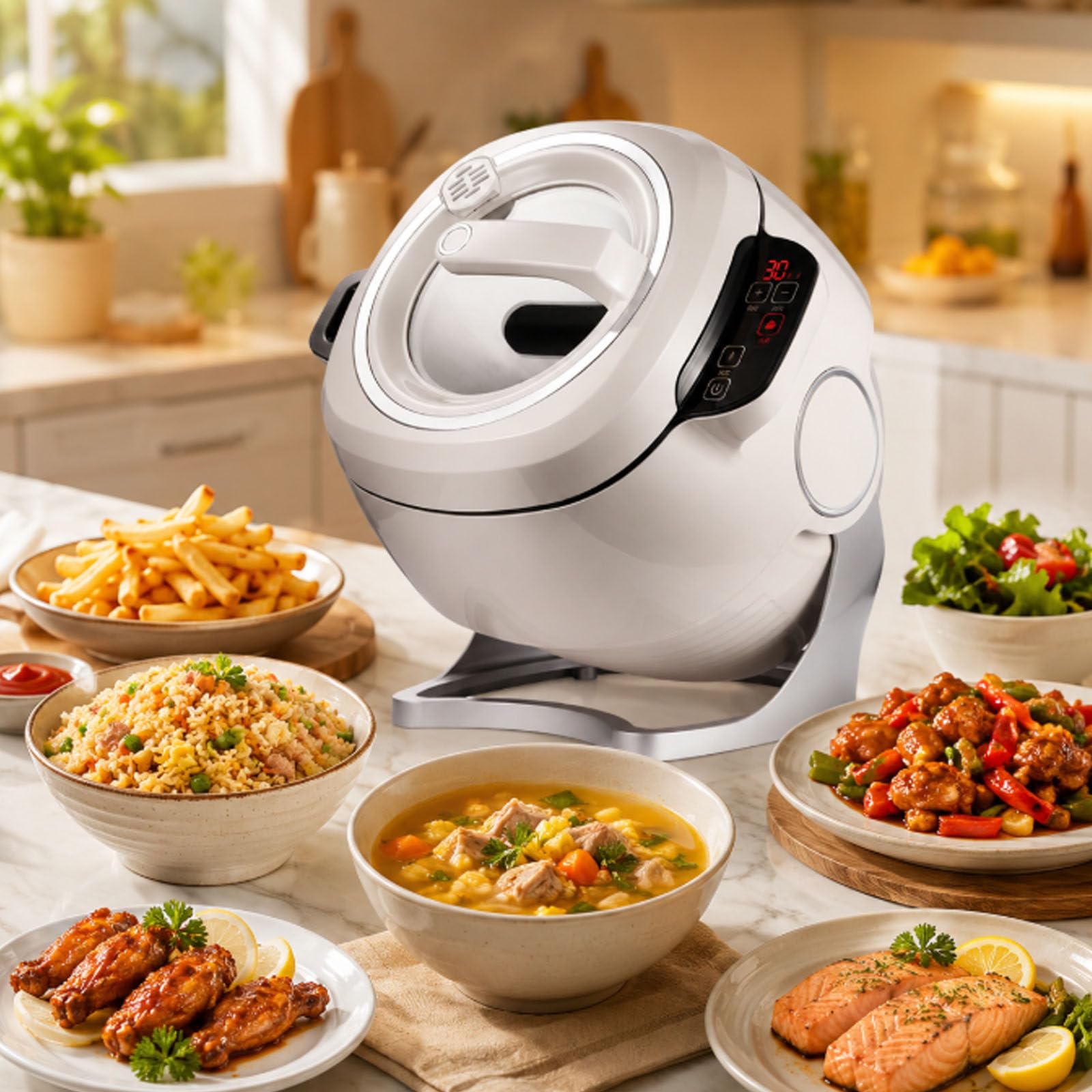 Robot culinaire Professionnel, Machine de Cuisson Automatique de 2000 W avec Wok Rotatif de 6 L, Chauffage 3D, Robot de Cuisson Automatique pour Riz Frit, soupes, ragoûts