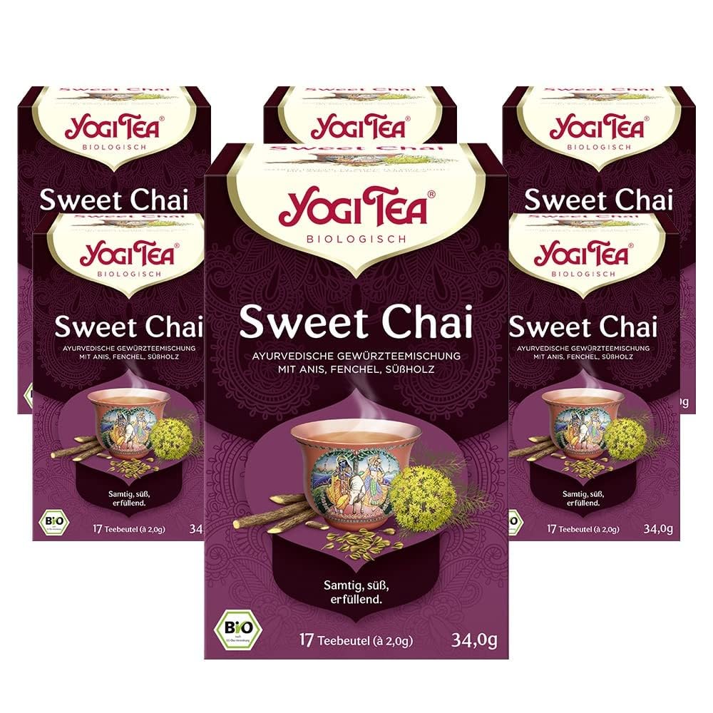 Yogi Tea Sweet Chai, 6x17 Beutel (102 Teebeutel) | Ayurvedischer Bio Gewürz- und Kräutertee, von Natur aus koffeinfrei, Mischung aus Anis, Fenchel und Süßholz