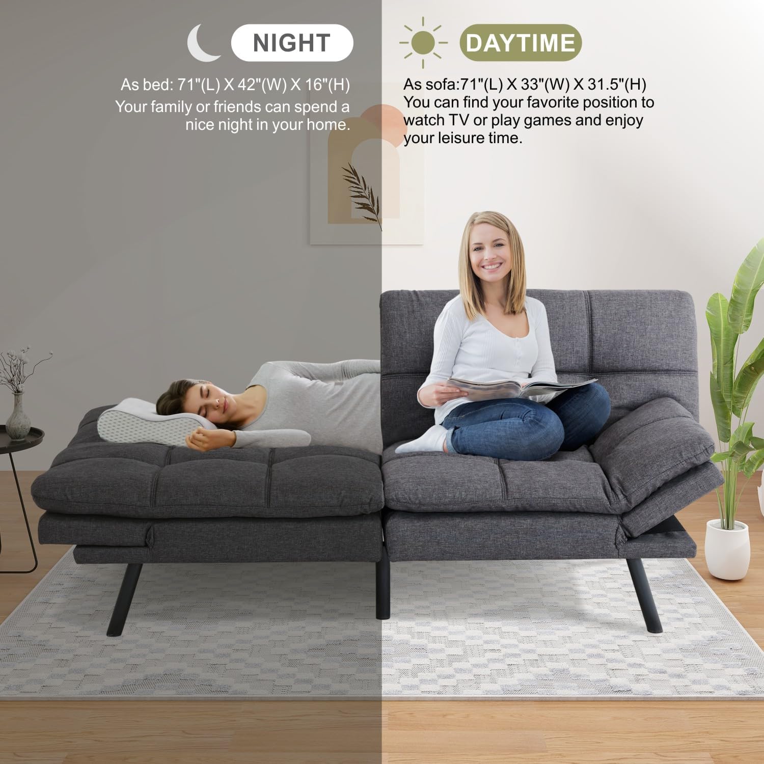 MUUEGM Futon Sofa Bed Couch, Memory Foam,Convertible, Modern Loveseat Daybed Sofa,Comfy Sleeper Couch for Apartment, Living Room,Easy Assemble,Grey, 267DGY-0625