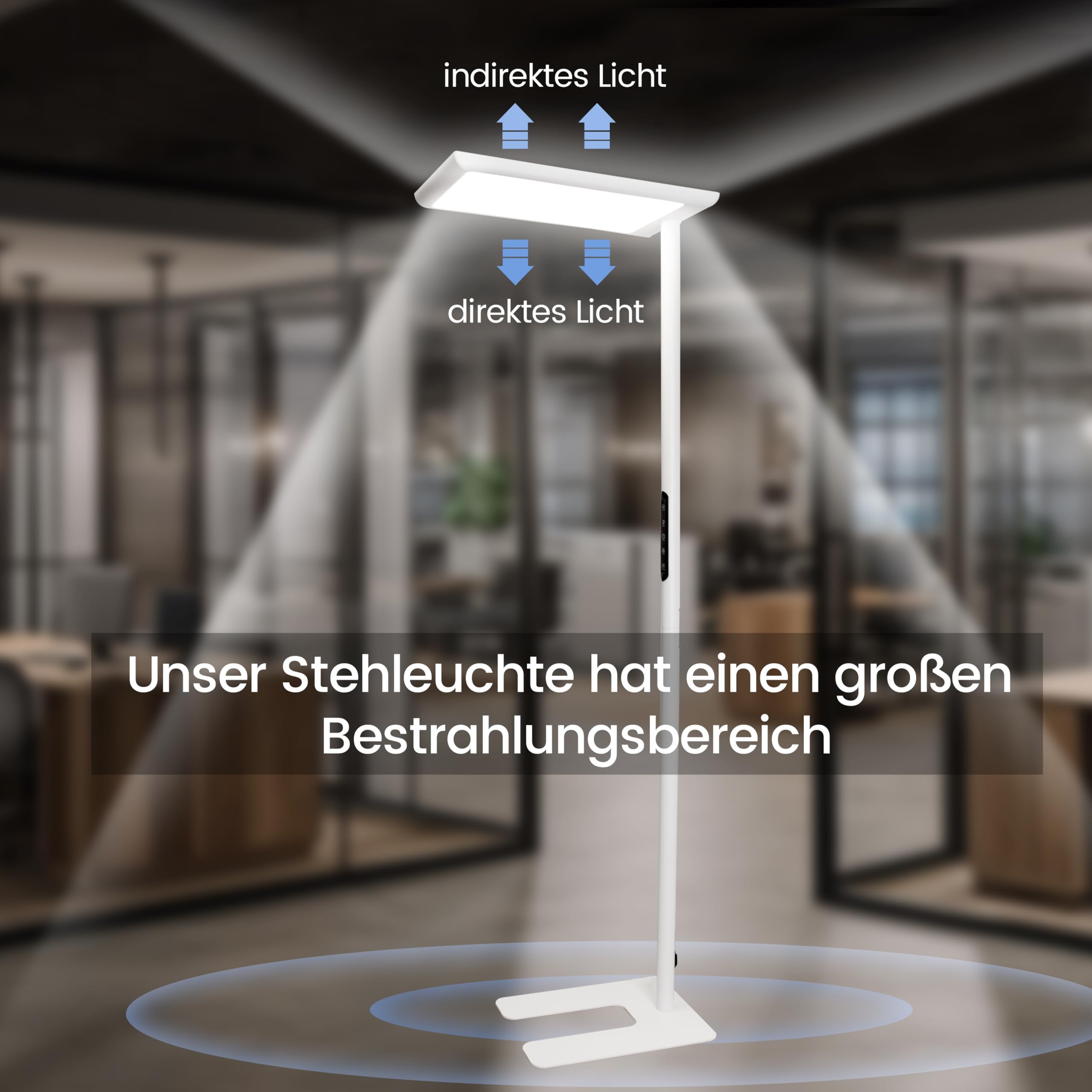Büro Stehlampe – UGR<16, CRI>98, 7000lm, 4000K, Vollspektrum | 7000lm Tageslicht | UGR<16 blendfrei + CRI>98 | Vollspektrum 4000K | 60W+50W dimmbar | Büro, Kinderzimmer, Lesen | 198cm