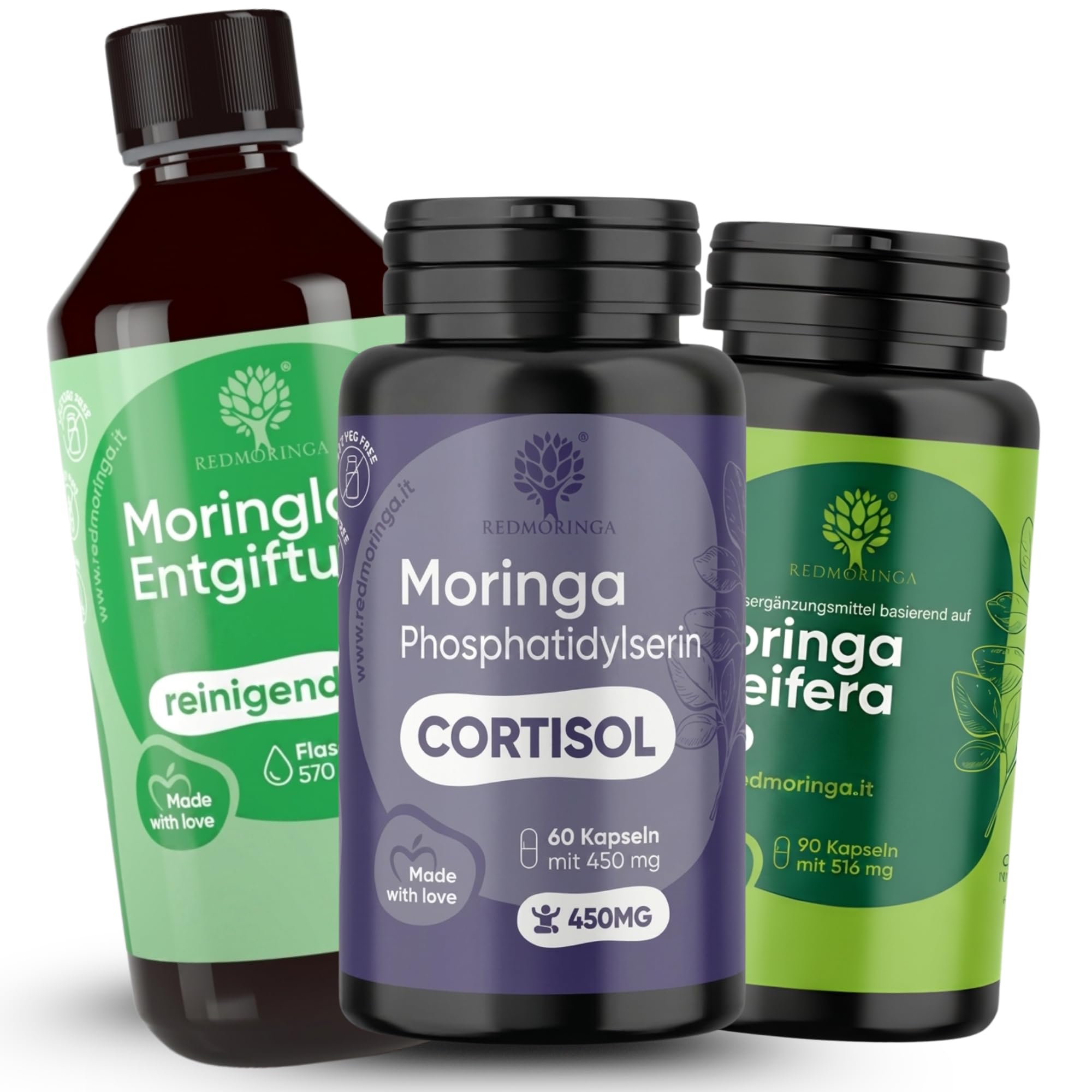 RedMoringa Cortisol Senken Frauen 3in1 150 Vegane Kapseln + 500ml