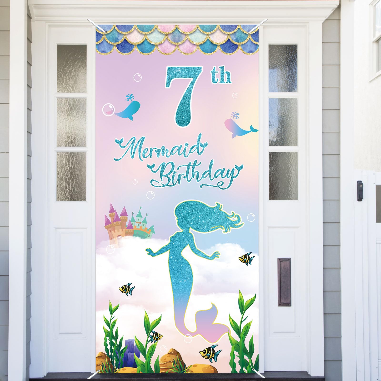 Mermaid Happy 7th Birthday Banner Backdrop Background Castle Tropical Fish Scales Under the Sea Theme Decorations Decor for Girls Princess Daughter