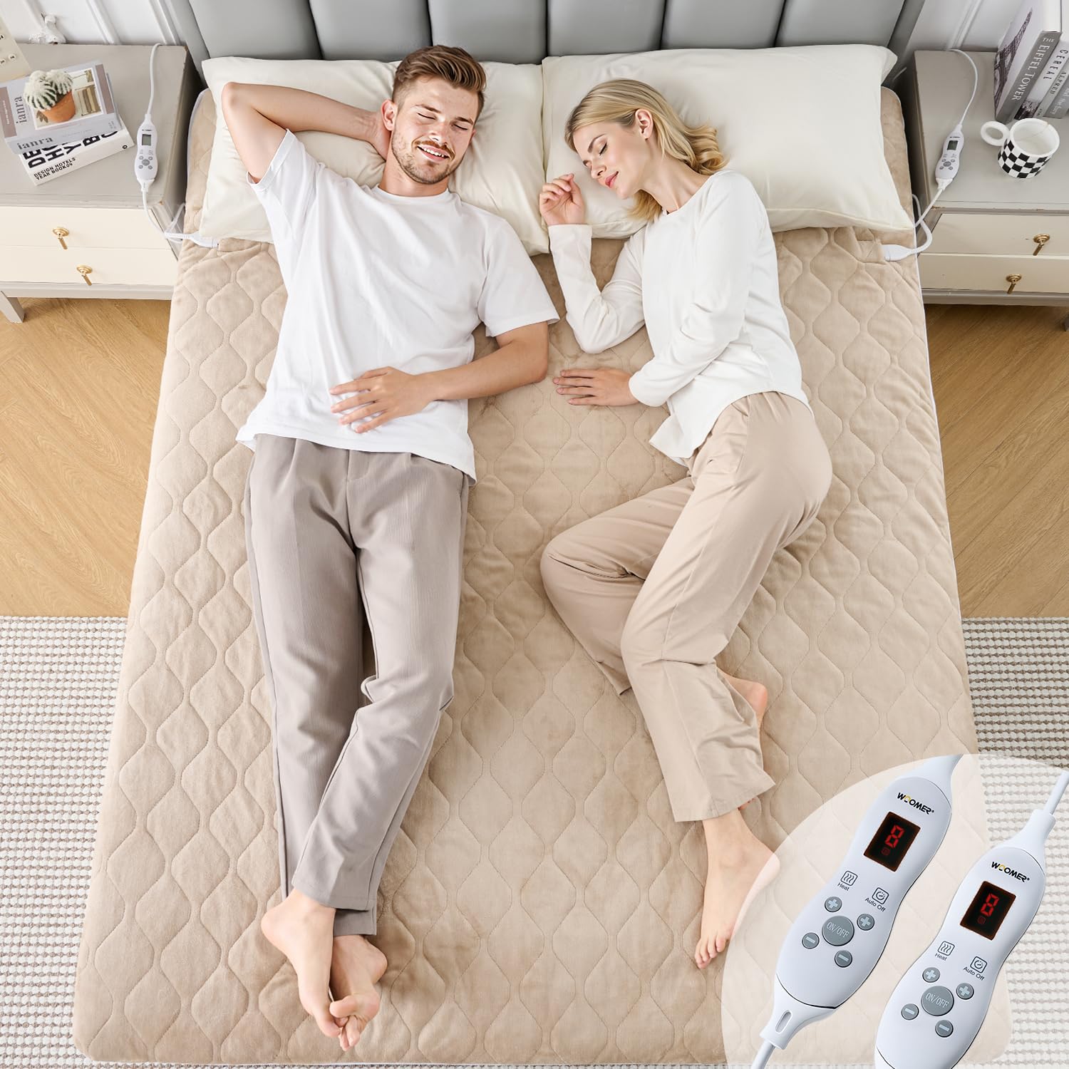 WOOMER Elektrische Wärmeunterbett mit Abschaltautomatik,200GSM/Samt Heizdecke mit 12h-Timer, 10-Stufen, Überhitzungsschutz, 5,8m Kabel, Für Matratzen bis 45cm / Waschbar/Hellbraun/135×190cm