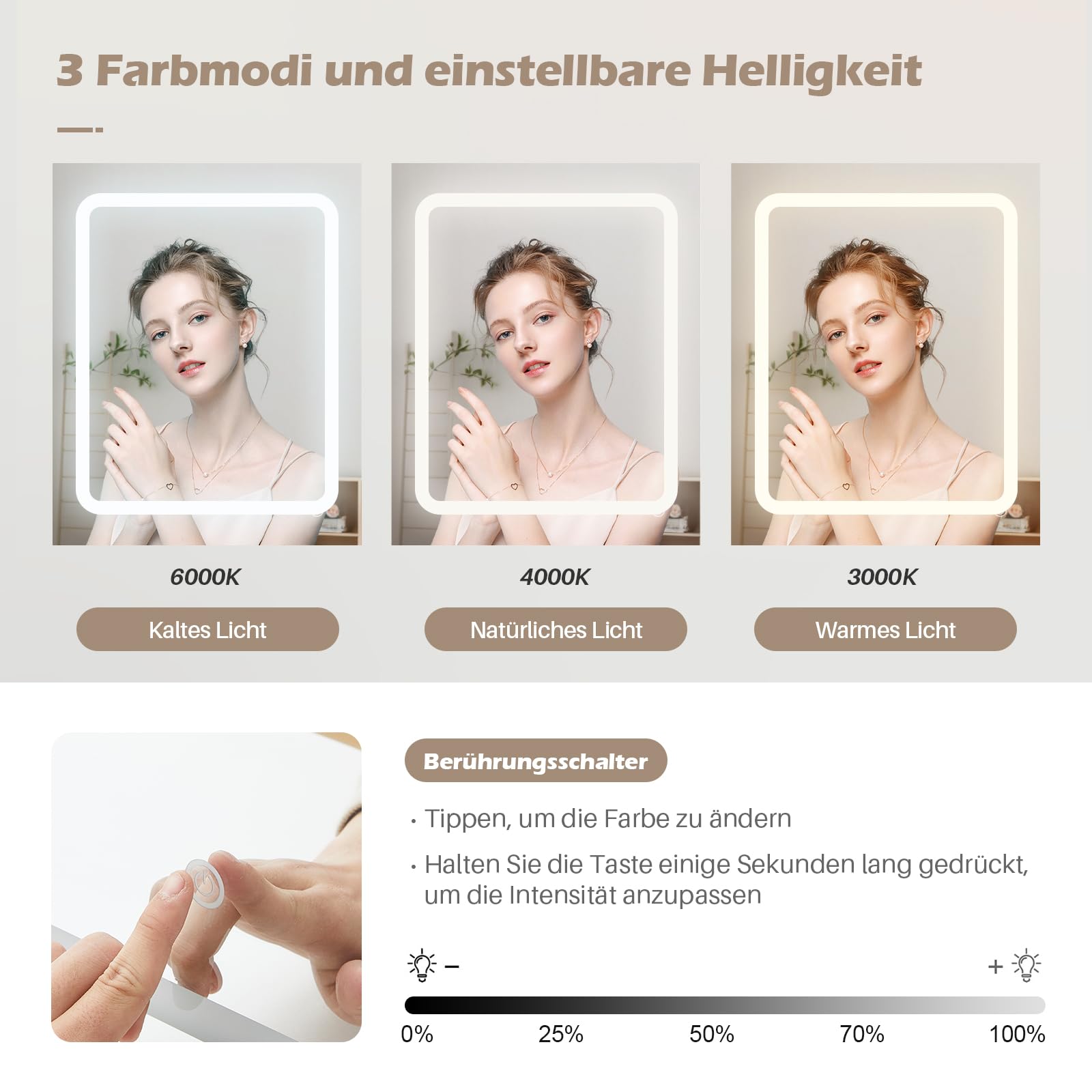 TUKAILAI Schminktisch mit Beleuchtung, Schminktisch Klein mit Spiegel, 60cm Breit Platzsparende Schminkkommode, Kosmetiktisch für Wohnung, kleines Zimmer, Weiß
