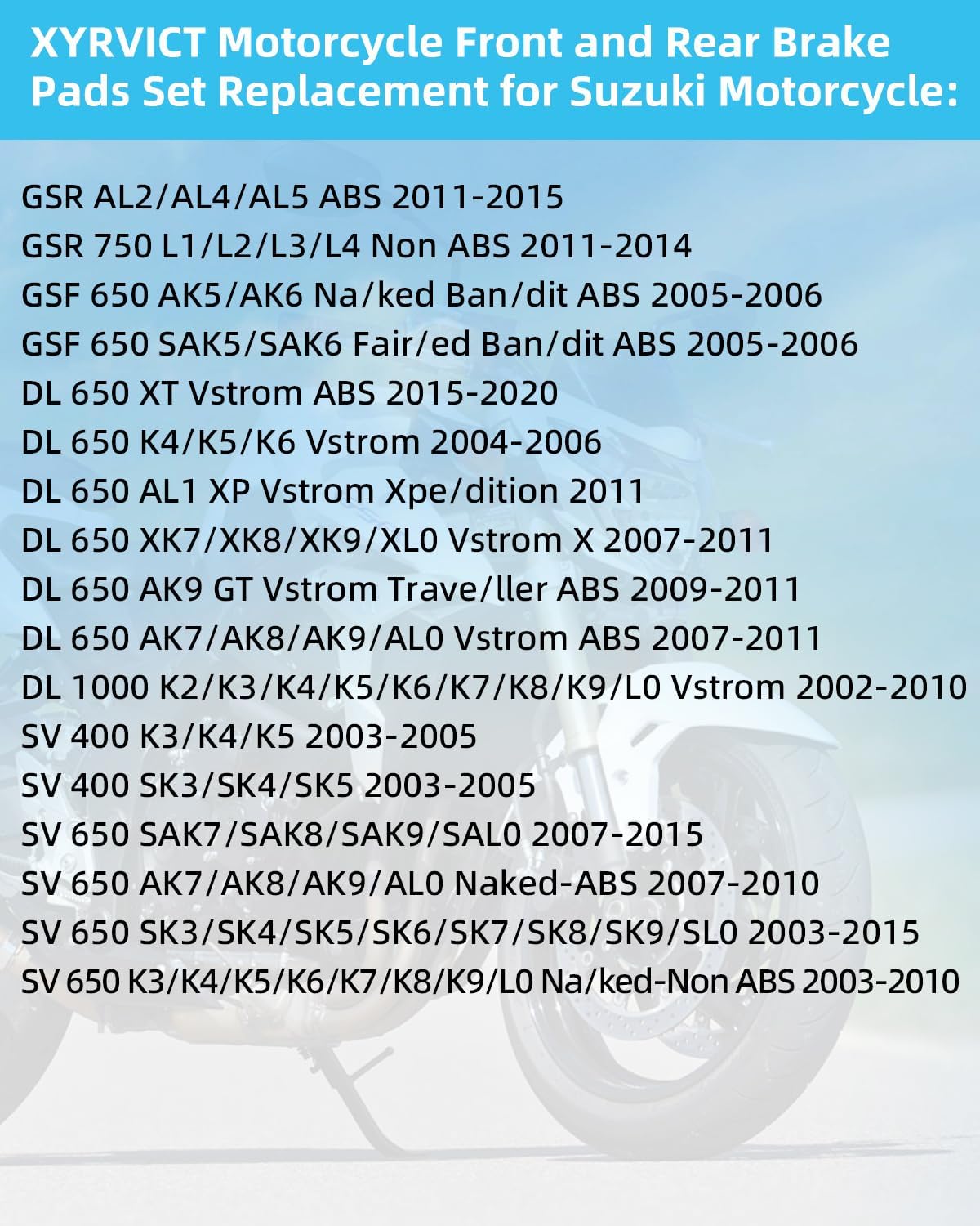 Brake Pads for Suzuki Vstrom 650 DL650 2004-2020 DL1000 1000 Vstrom 2002-2010 SV650 SV 650 2003-2015 GSR750 2011-2015 GSF 650 2005-2006, Ceramic Front and Rear Brake Pad