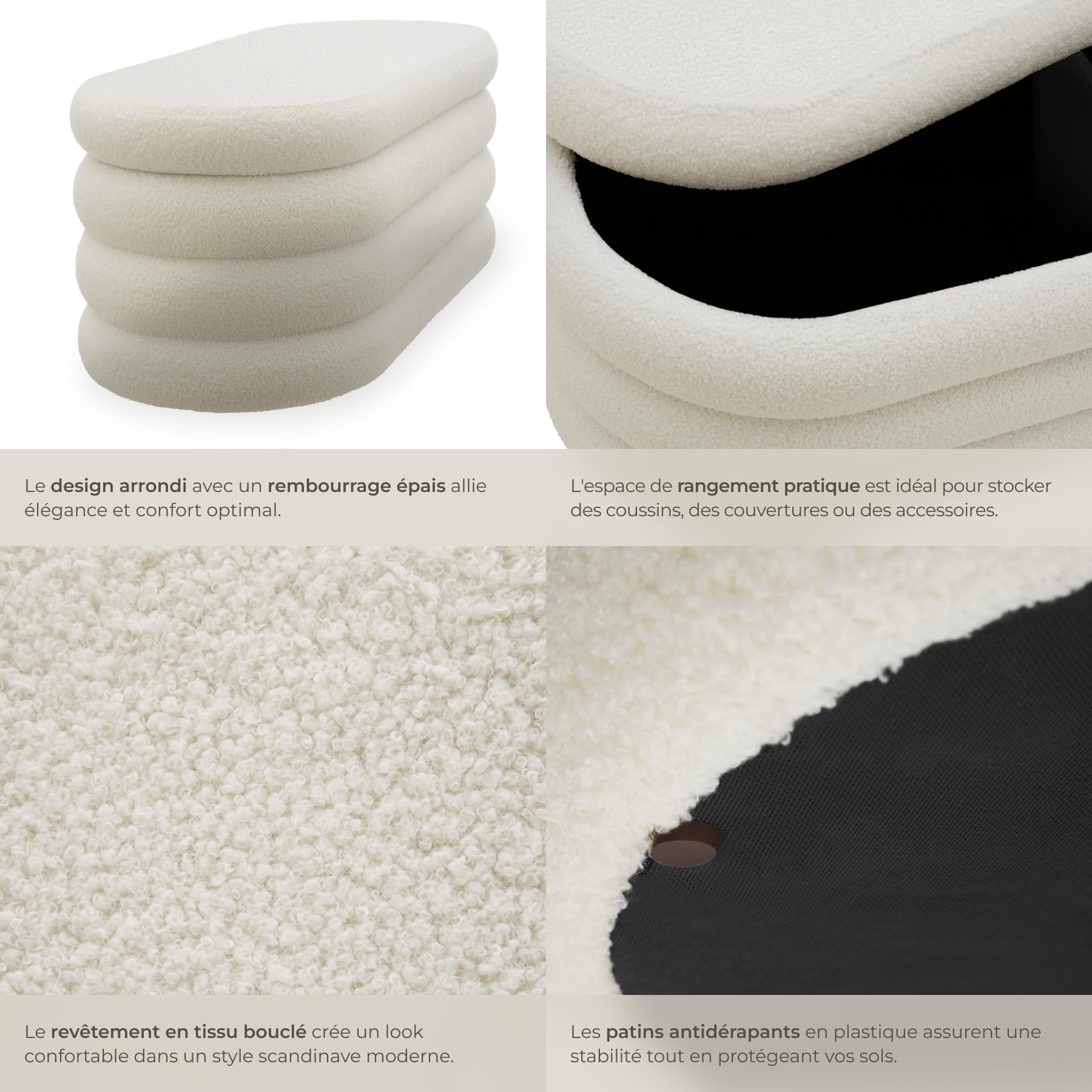 tectake® Banc rembourré avec Rangement, 110 x 45 x 42 cm, Max. 150 kg, Banc de Rangement, Bout de lit Coffre, Coffre avec Couvercle, Meuble Salon, Entrée, Chambre, Dressing - Bouclé Crème