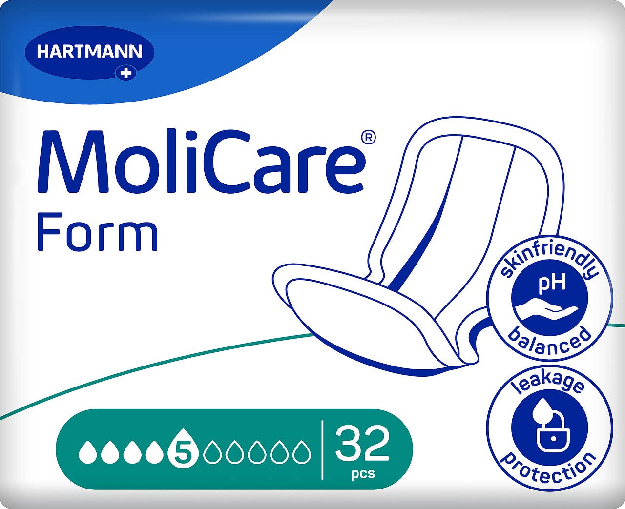 Molicare Forma 5 kropli, do średniego nietrzymania moczu: wysokie bezpieczeństwo, dodatkowa ochrona przed wyciekiem i dyskrecja dla kobiet i mężczyzn, 32 sztuki