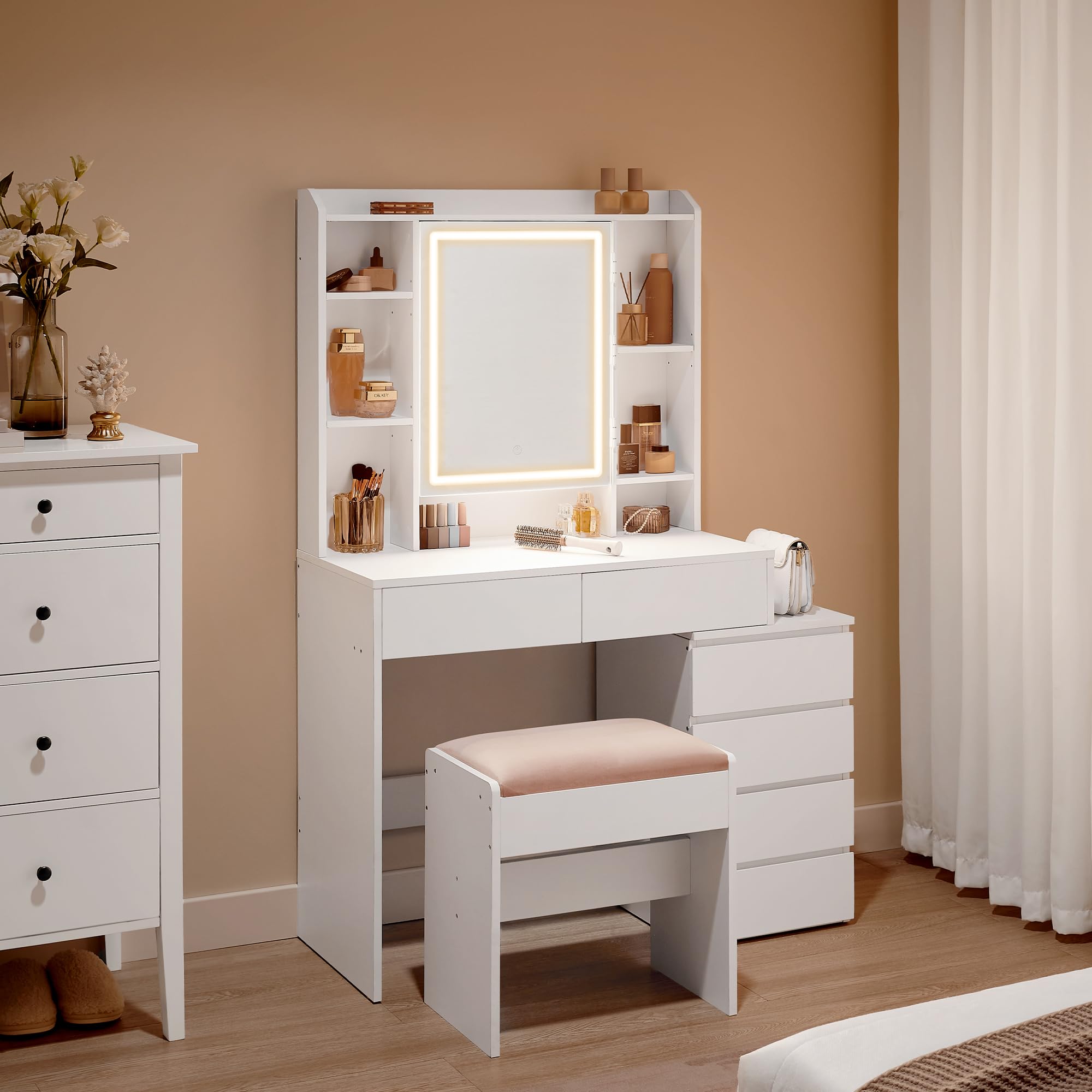 VASAGLE Dressing Table Large LED Mirror Adjustable Brightness Makeup Table with Mirror, Open Compartments, Stool, Adjustable Shelves, Modern, Cloud White RDT125W01