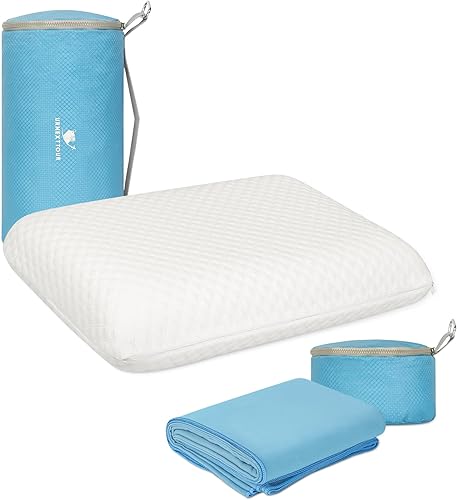 urnexttour Almohada de espuma viscoelástica para acampar con toalla de secado rápido, almohada de viaje firme para dormir, almohada blanca portátil