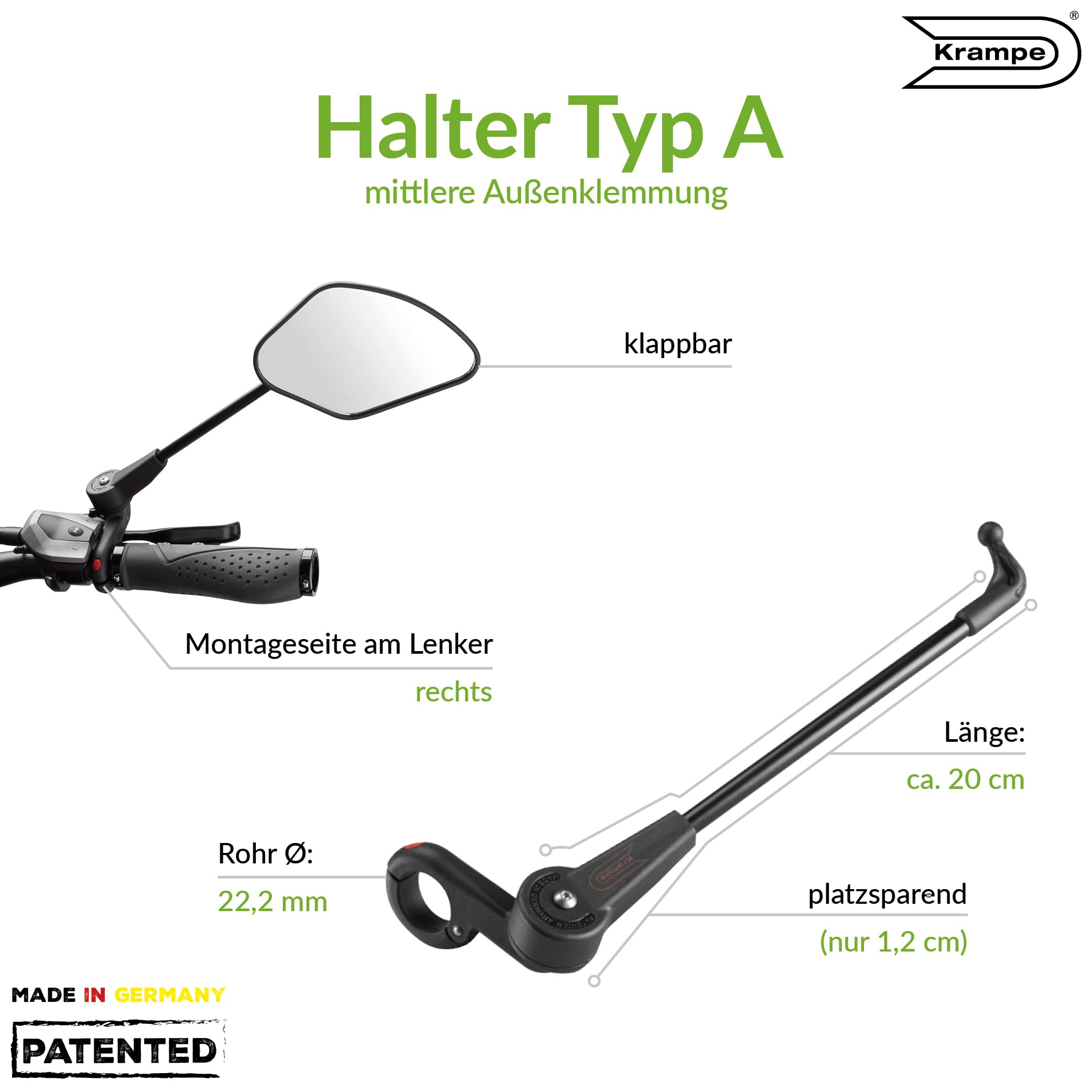 Krampe Fahrradspiegel "KF Sport Typ A"-Made in Germany, stabiler Rückspiegel für E-Bike & Fahrrad, individuell einstellbar, für linke und rechte Lenkerseite erhältlich