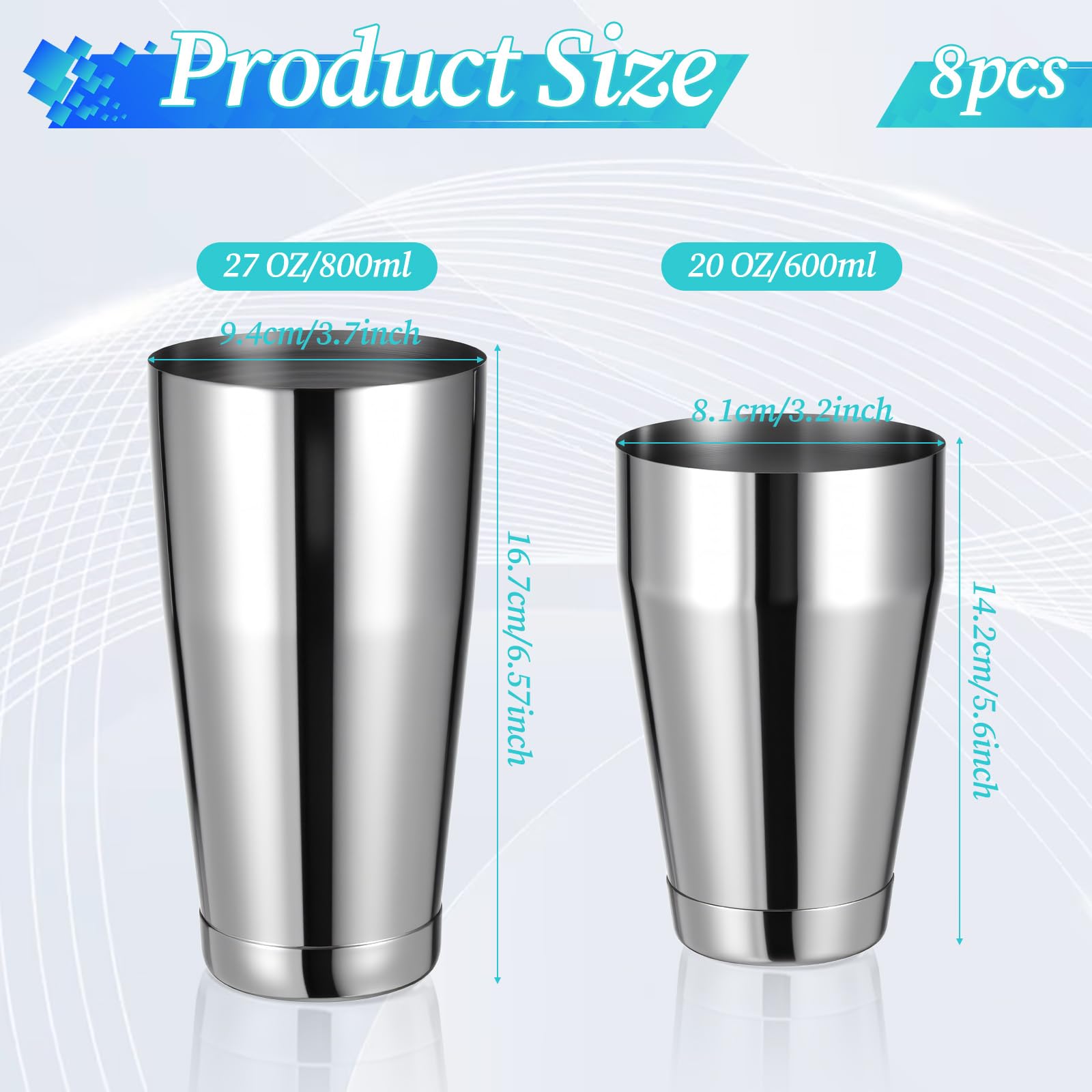 JJUNW Boston Lot de 8 shakers à cocktail professionnels en acier inoxydable avec shaker de 532 ml et 710 ml (argenté)