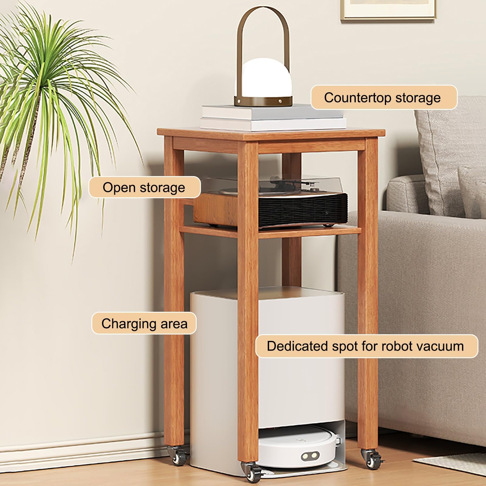 Roboter-Staubsauger-Unterschrank, mobiler Staubsauger-Unterschrank mit Rollen, stehendes Holzregal, Beistelltisch für Wohnzimmer, Küche, Büro, einfacher Wasserwechsel (Holz, 55 cm/22 Zoll)