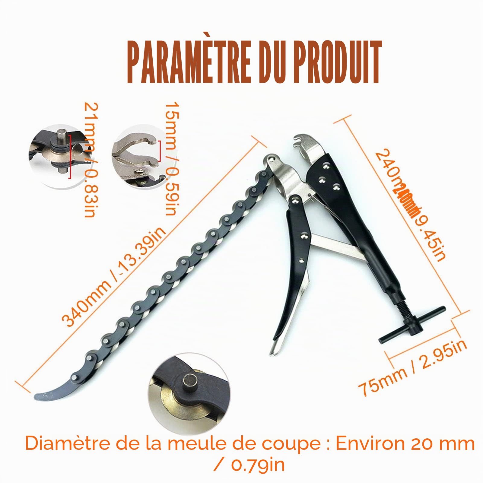 Pince à Chaîne Verrouillable, Coupe-Tuyaux en Alliage d'Aluminium et Acier au Carbone, 80 mm, pour Tuyaux Métalliques, Cuivre, Aluminium et Échappement Automobile