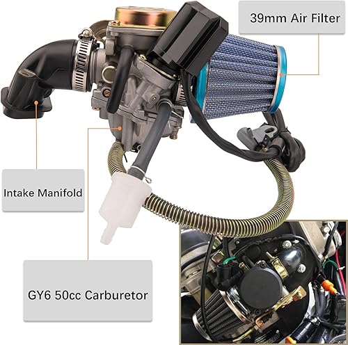 Miniatura 5 de GY6 - Carburador de 50 cc para scooter de 49 cc y 50 cc, carburador de 4 tiempos de alto rendimiento 139QMB con colector de admisión, se adapta al