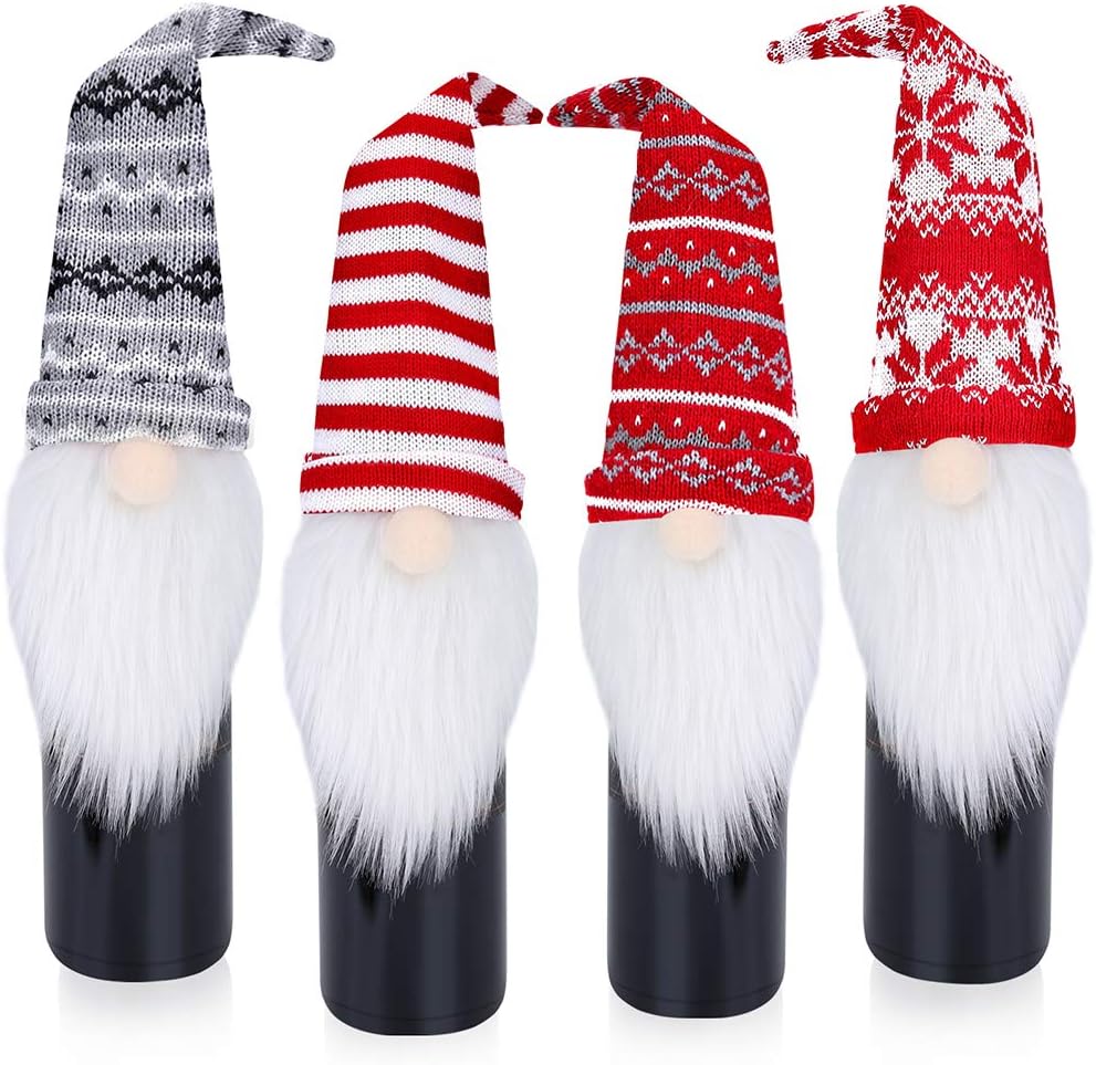 Gnome Wine Bottle Covers, 4 Pack Handmade Tomte Swedish Gnome Wine Bottle Toppers Decorative Santa Scandinavian Plush Christmas Decorations Holiday Dining Table Decor Party Gift