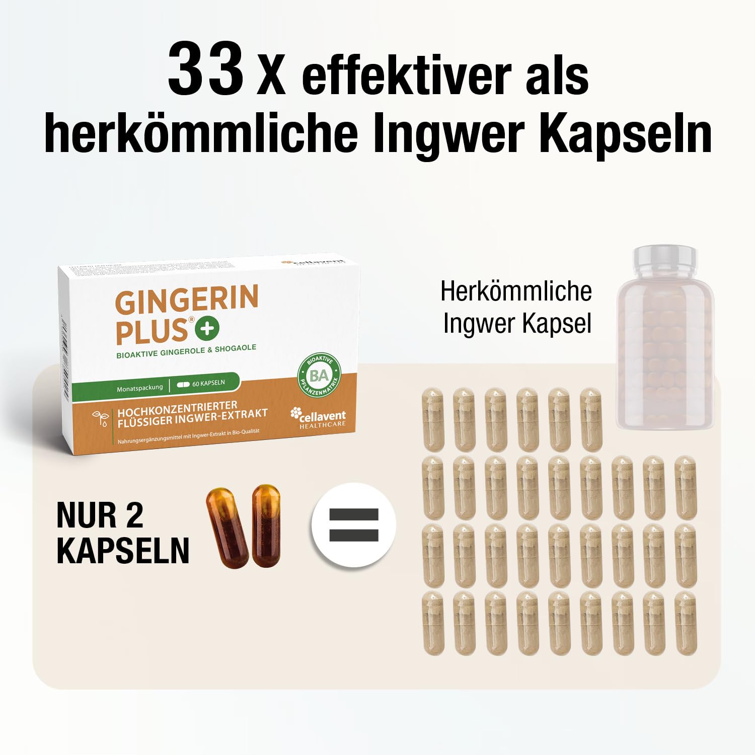 Stärkste Bio Ingwer Kapseln - 22.000mg Ingwerpulver pro Tagesdosis - höchste Gingerol & Shogaol Werte - 2 Kapseln Gingerin PLUS liefern den gleichen Ingwer Gehalt wie 33 andere Ingwertabletten