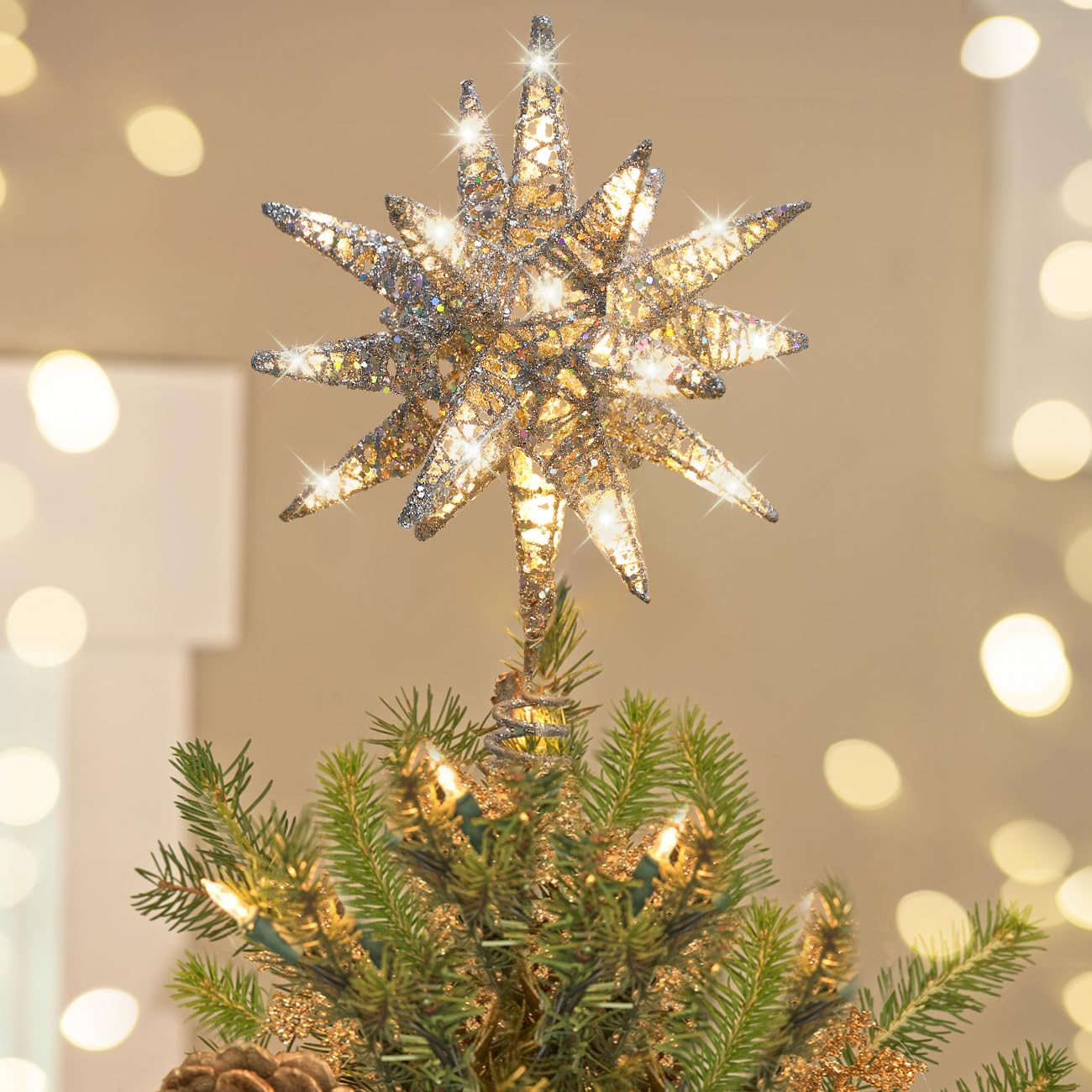 Puntale Albero Di Natale Luminoso Stella 3D Con Paillettes, Luce LED Con Telecomando E Timer 6H, 8 Modalità, Colore Argento Scintillante