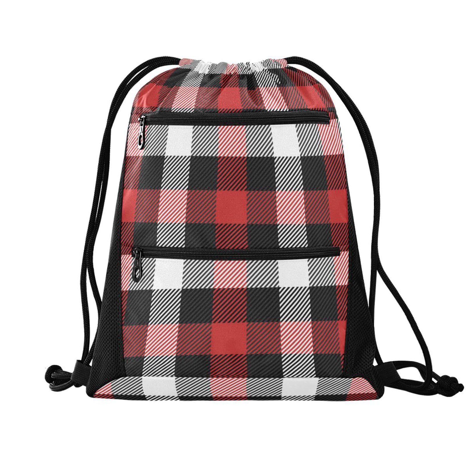 FRODOTGV Christmas Tartan Plaid Scottish Black Red String Bag Drawstring Backpack Outdoor Sackpack Yoga Swim Sackpack with Mesh Pockets — image 1